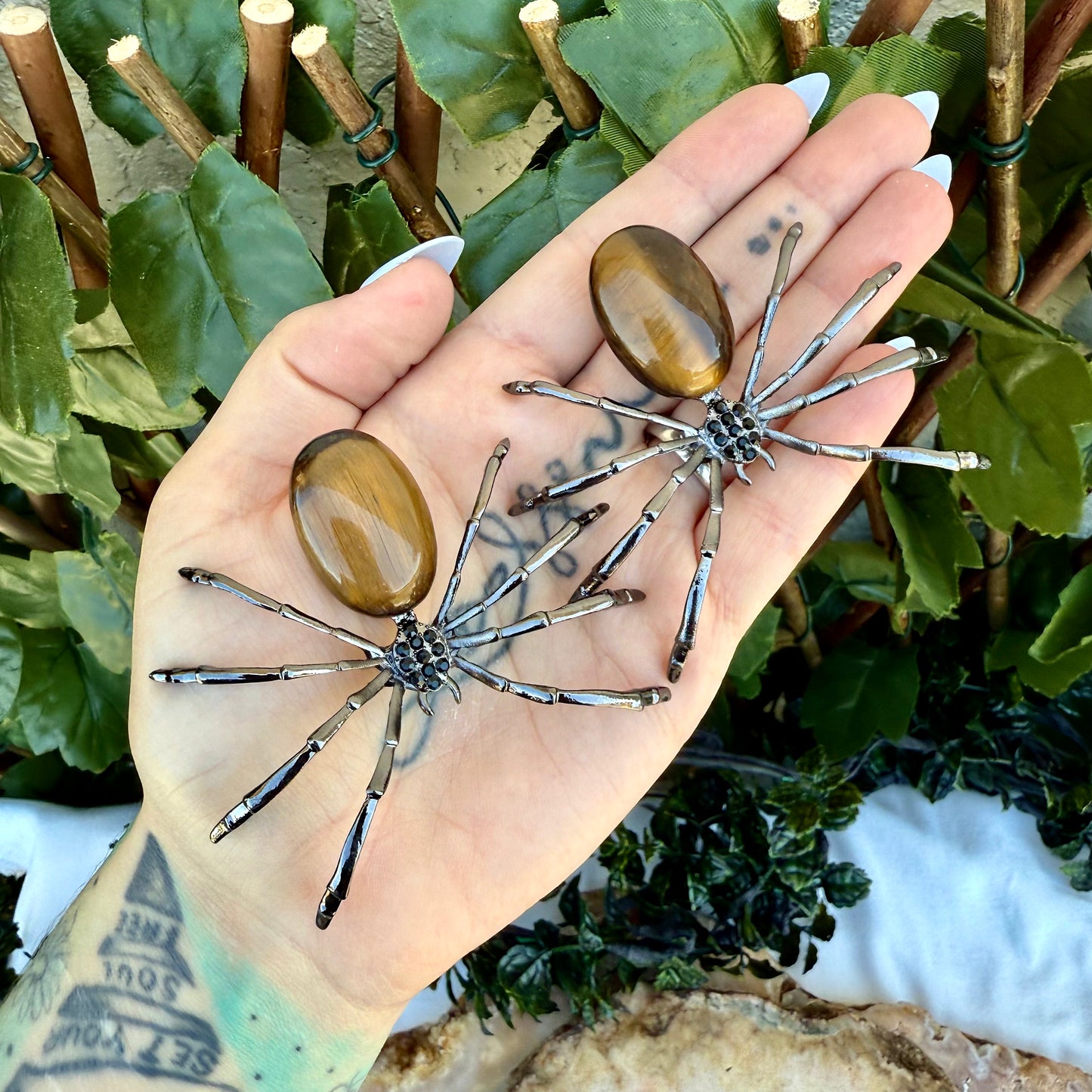 Spider Carved Crystal, Tigers Eye, Dream Amethyst