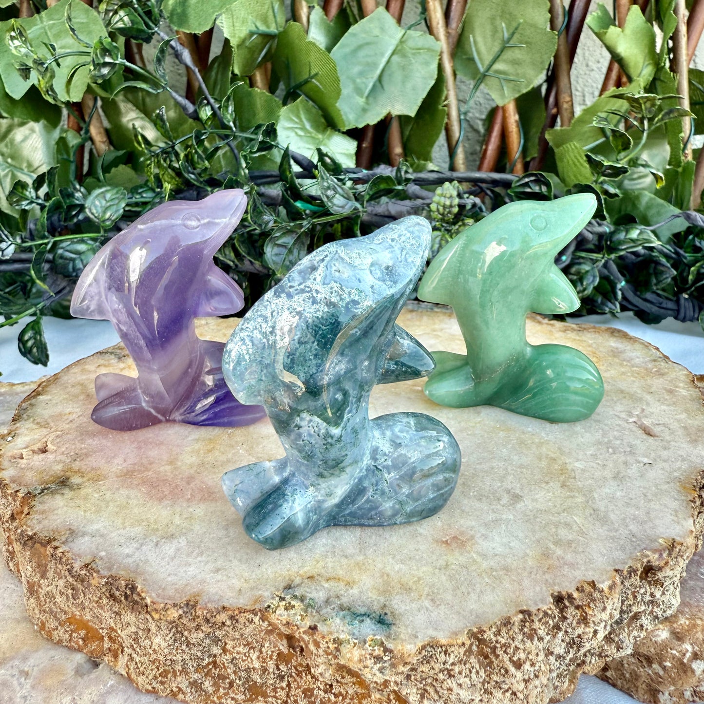 Assorted Carved Dolphins, Fluorite, Amethyst, Strawberry Quarzt