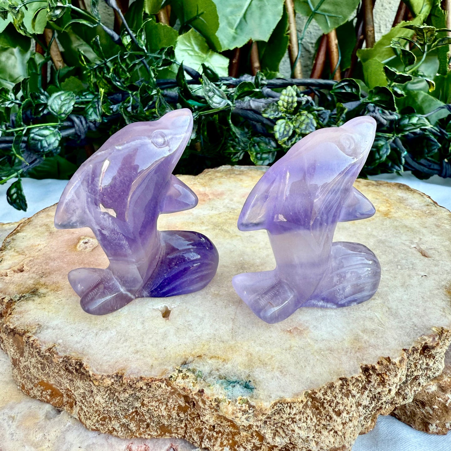 Assorted Carved Dolphins, Fluorite, Amethyst, Strawberry Quarzt