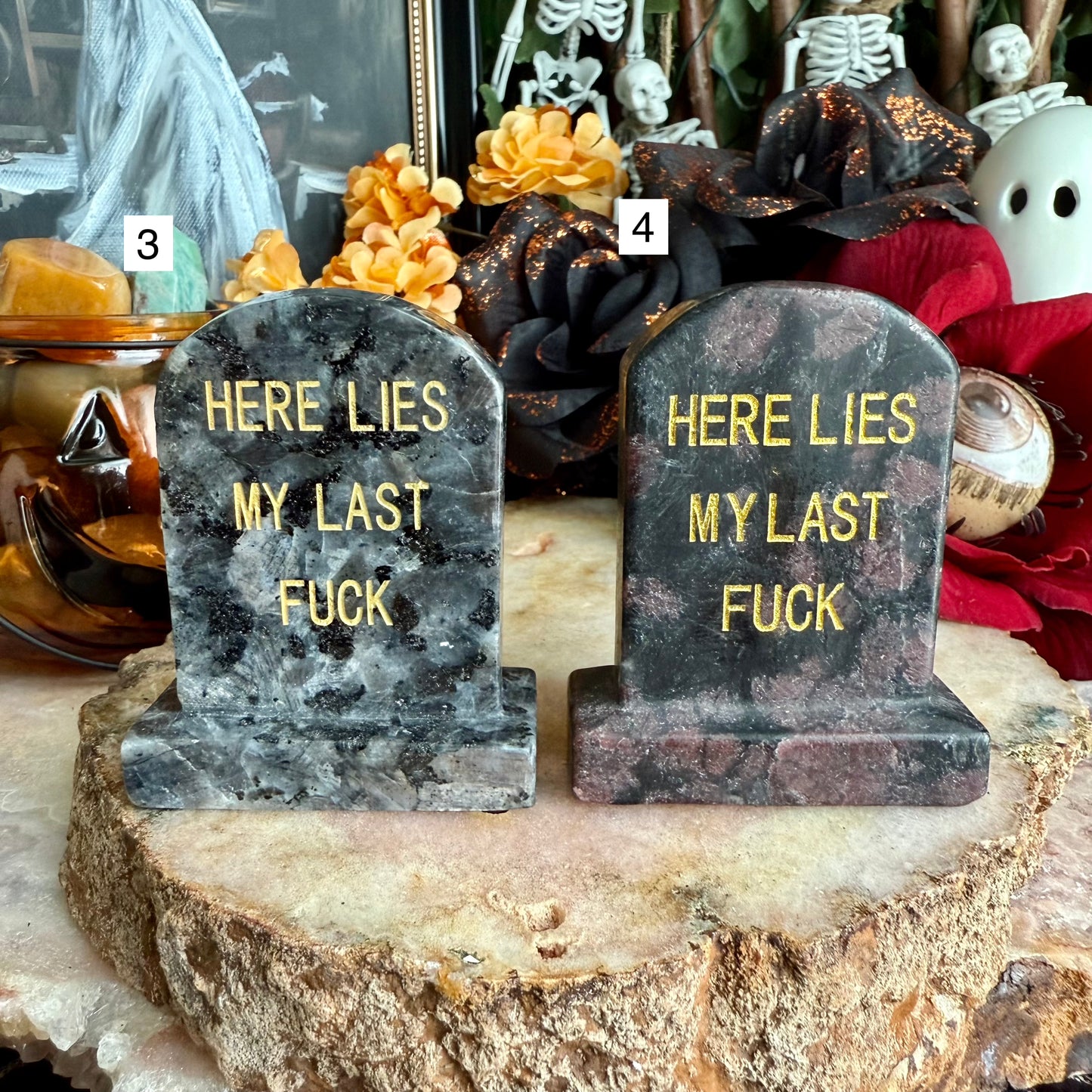 Here Lies My Last F*ck Carved Tombstone, Assorted Crystals, Choose Your Own!