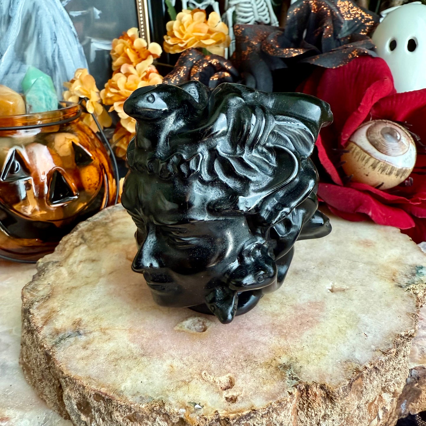 Black Obsidian Carved Medusa, Intense Protection, Negativity Crystal