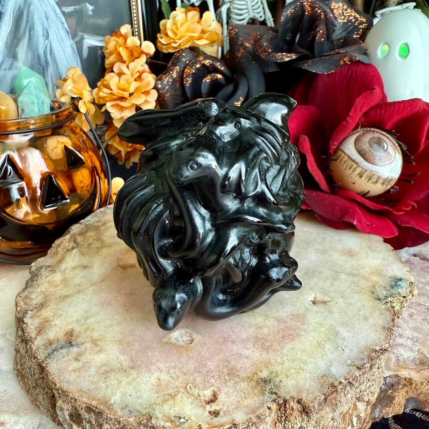Black Obsidian Carved Medusa, Intense Protection, Negativity Crystal