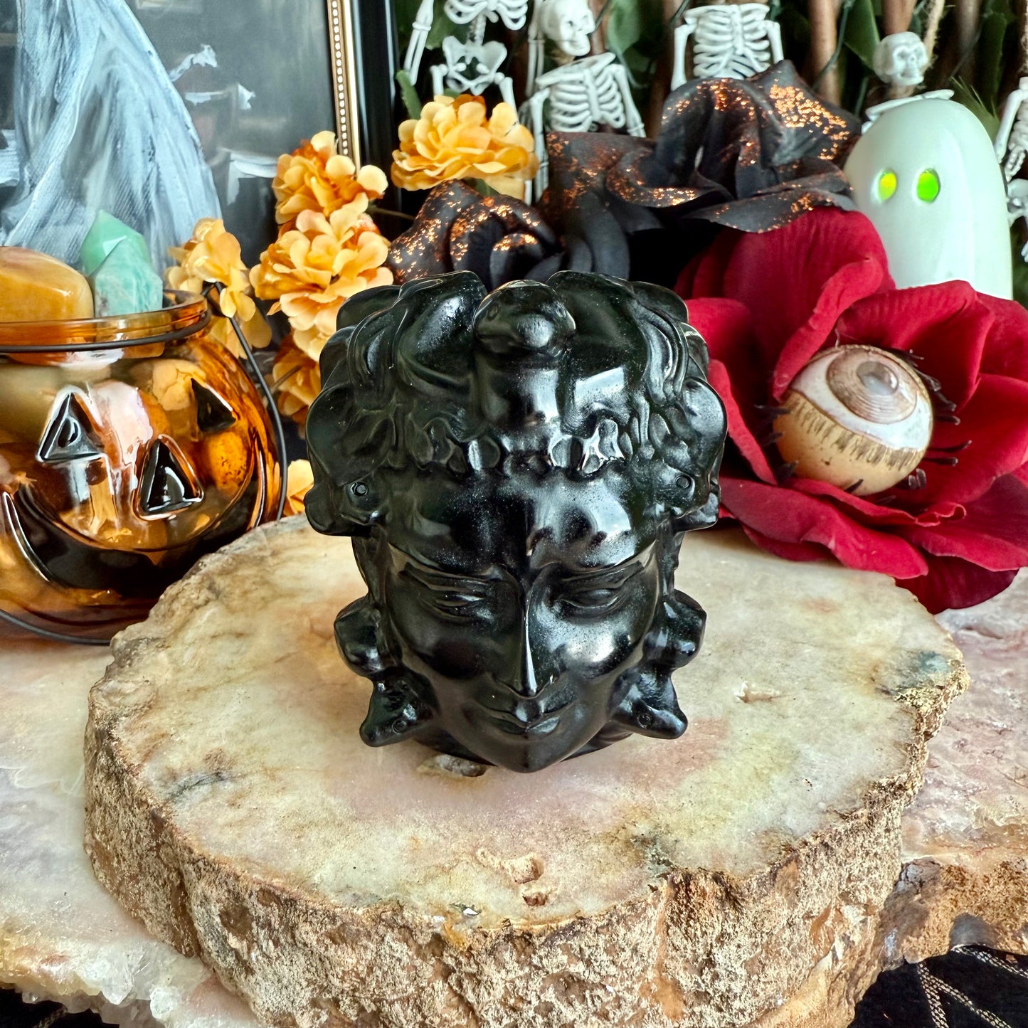 Black Obsidian Carved Medusa, Intense Protection, Negativity Crystal