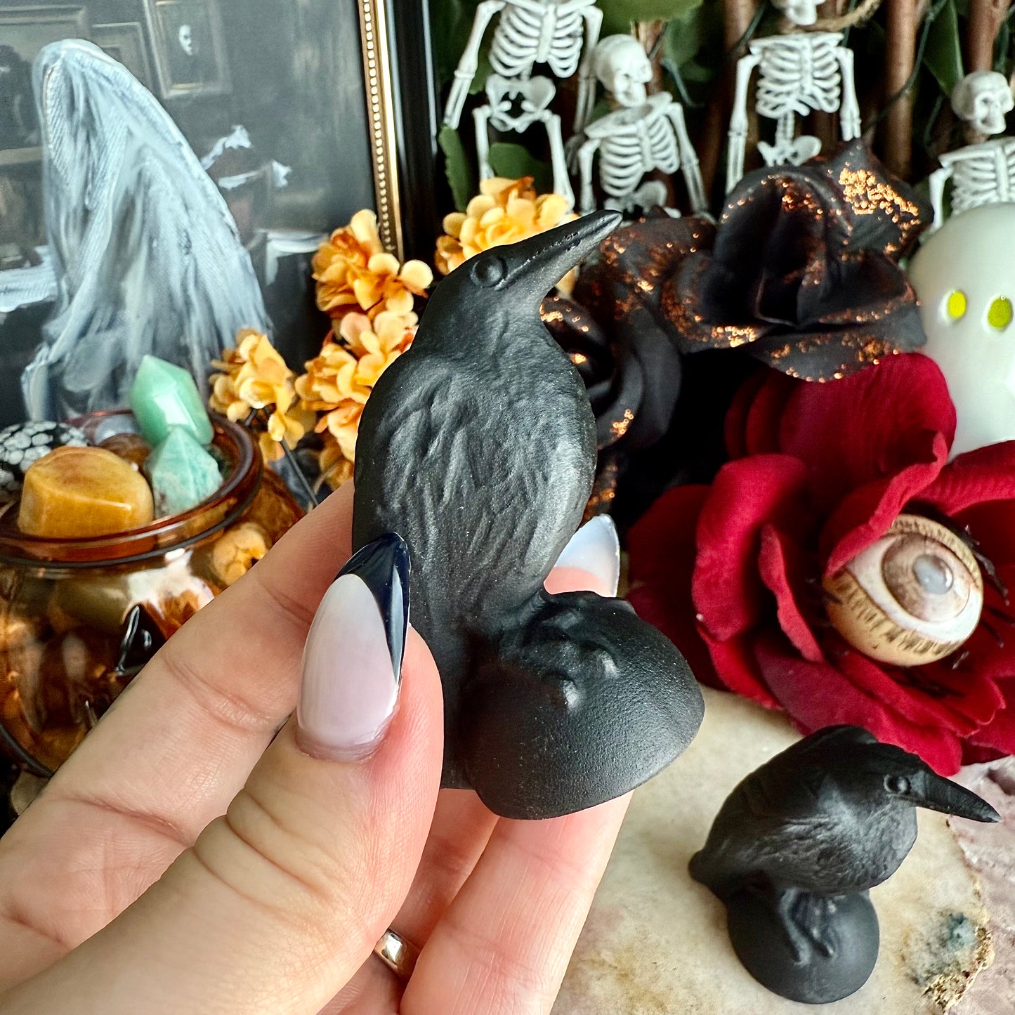 Small Black Obsidian Carved Raven, Powerful Protection, Negativity Crystal