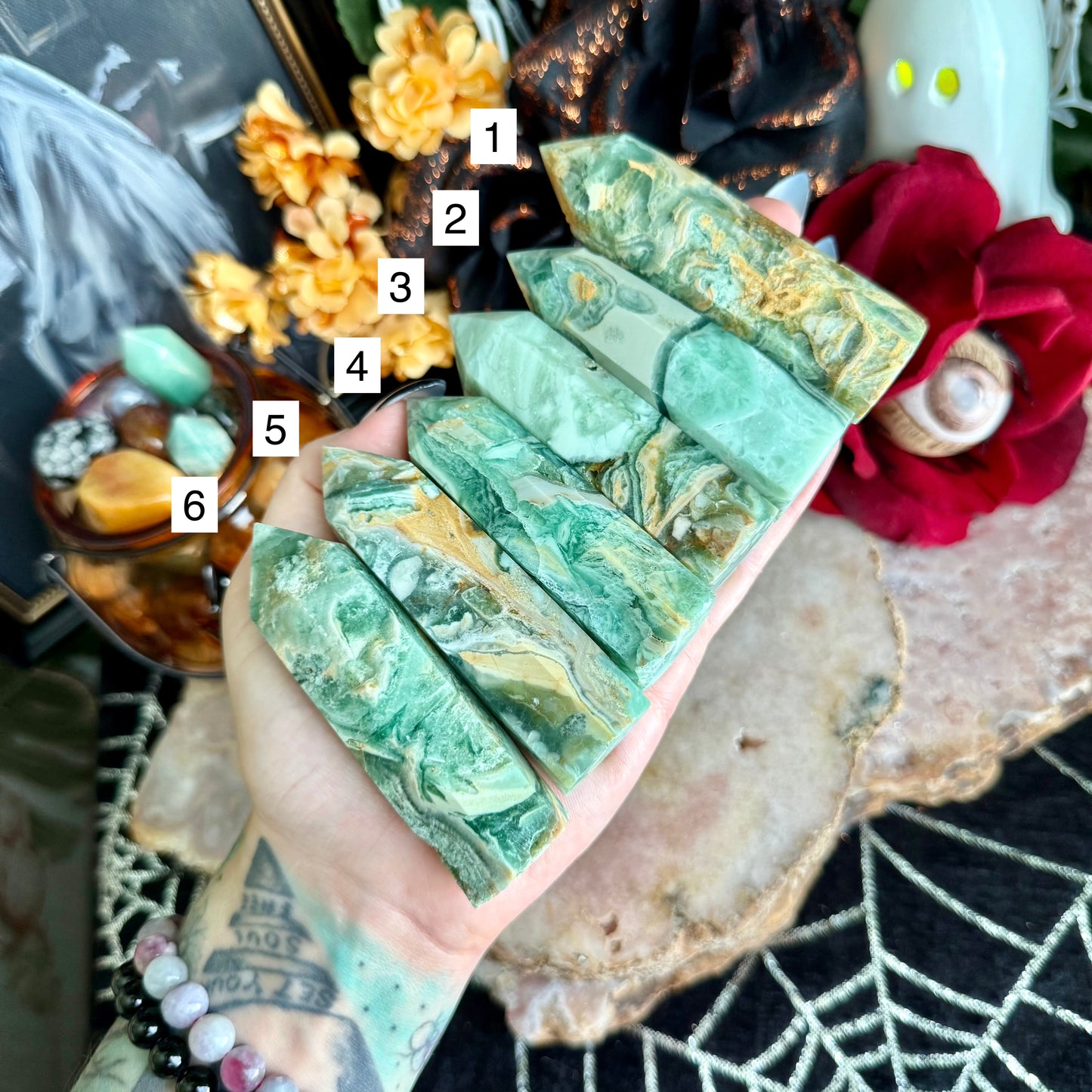Green Opalized Fluorite Tower, Heart Chakra, Energy Blockages