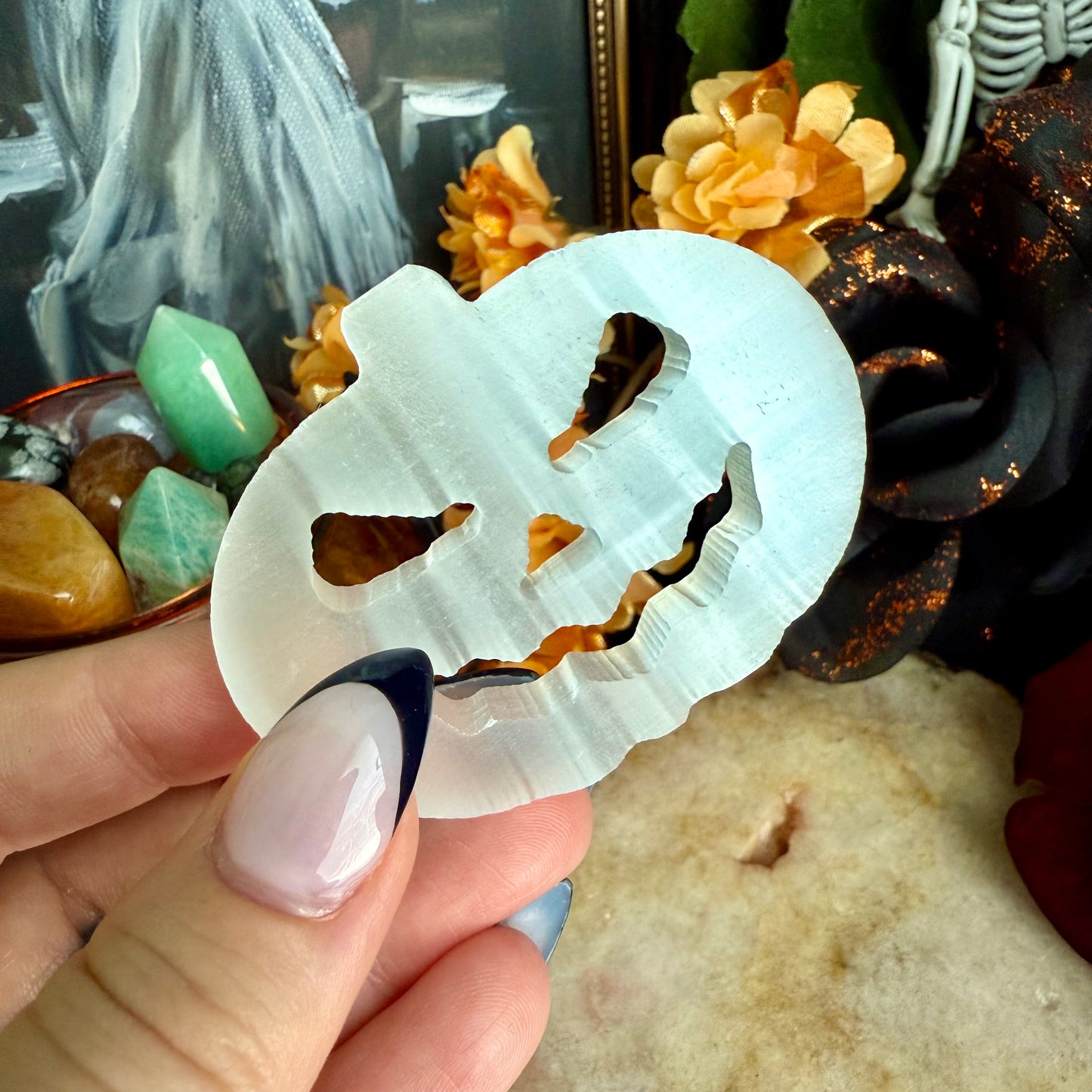 Selenite Carved Jack-O-Lantern, Powerful Cleansing & Healing Stone