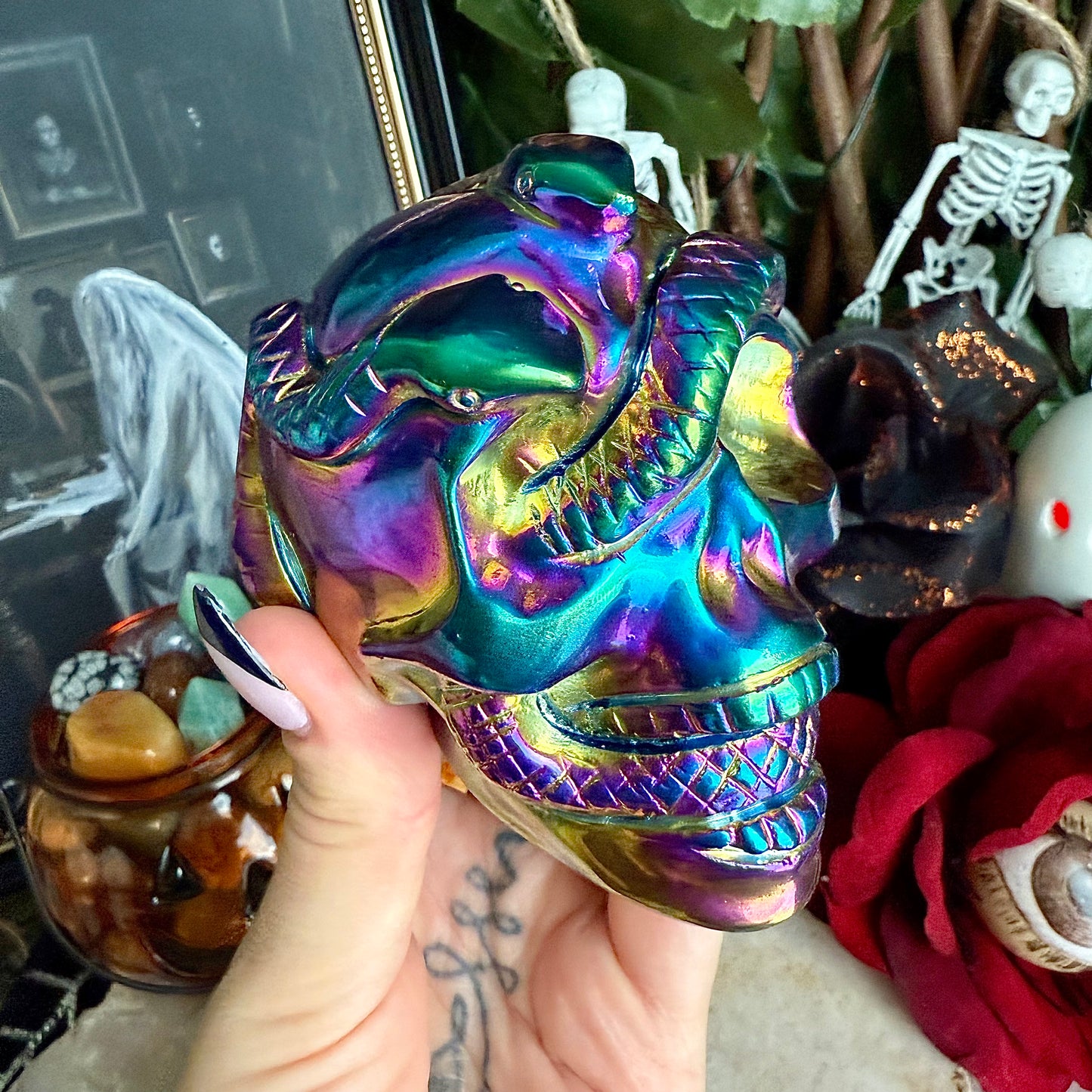 Titanium Obsidian Snake Skull, High Vibrating, Protective Stone