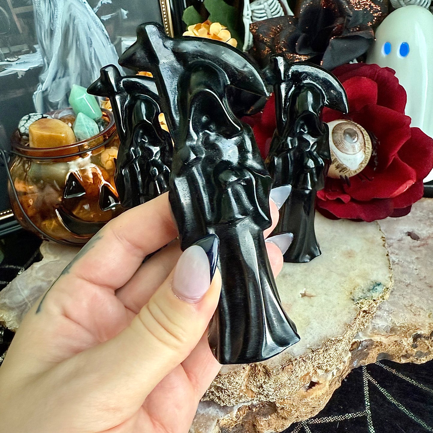 Black Obsidian Carved Grim Reaper, Intense Protection, Negativity Crystal