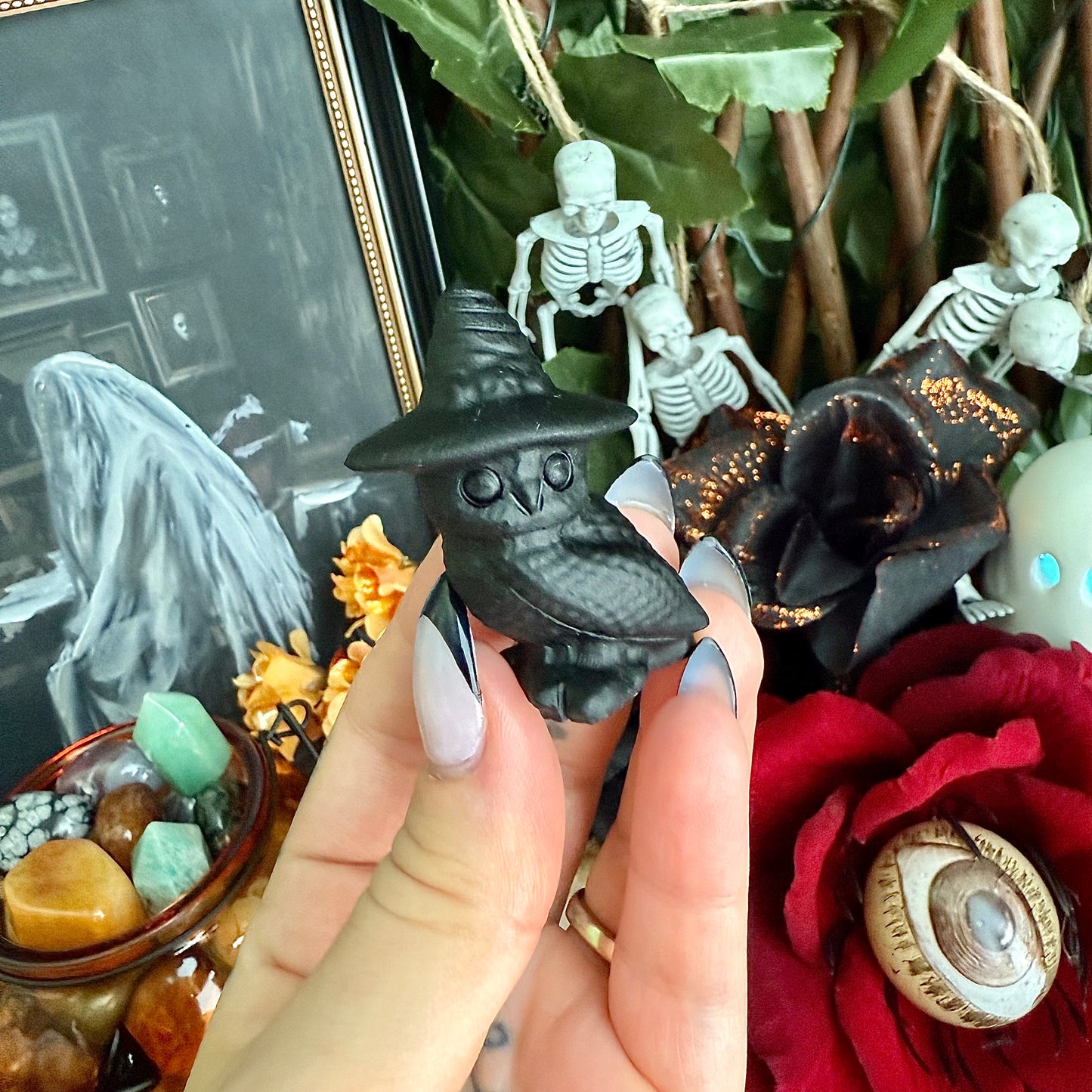 Black Obsidian Carved Witch Owl, Intense Protection, Negativity Crystal