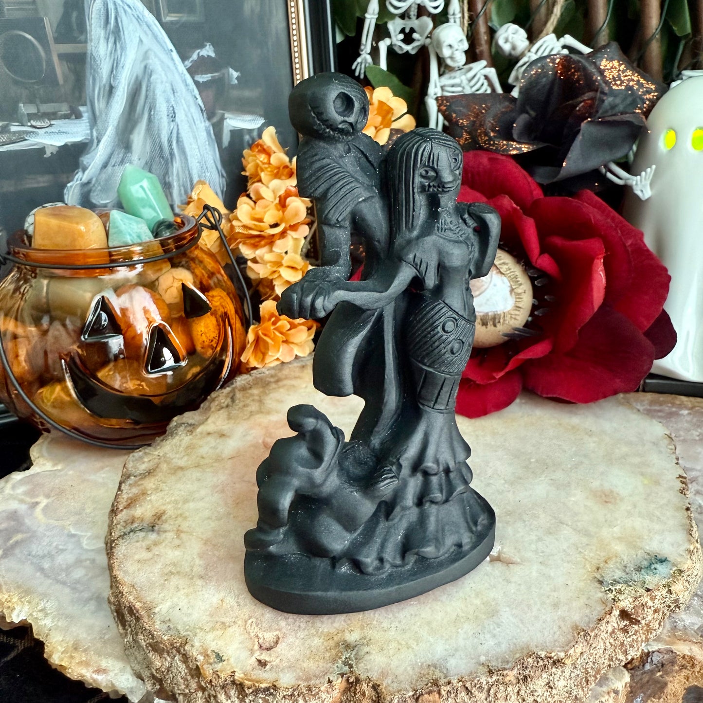 Black Obsidian Carved Jack & Sally, Nightmare Before Christmas, Negativity Crystal
