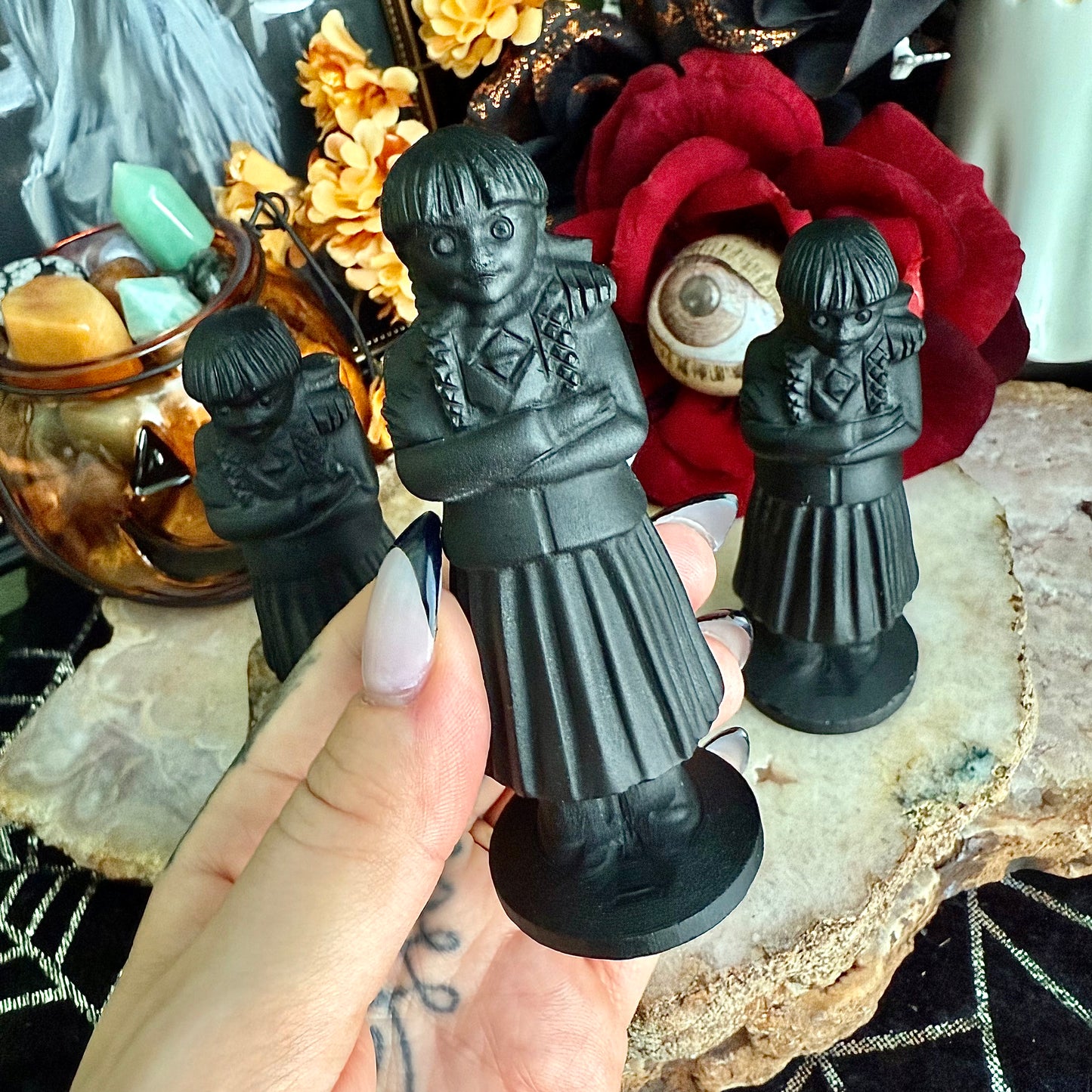 Black Obsidian Carved Wednesday Addams, Intense Protection, Negativity Crystal