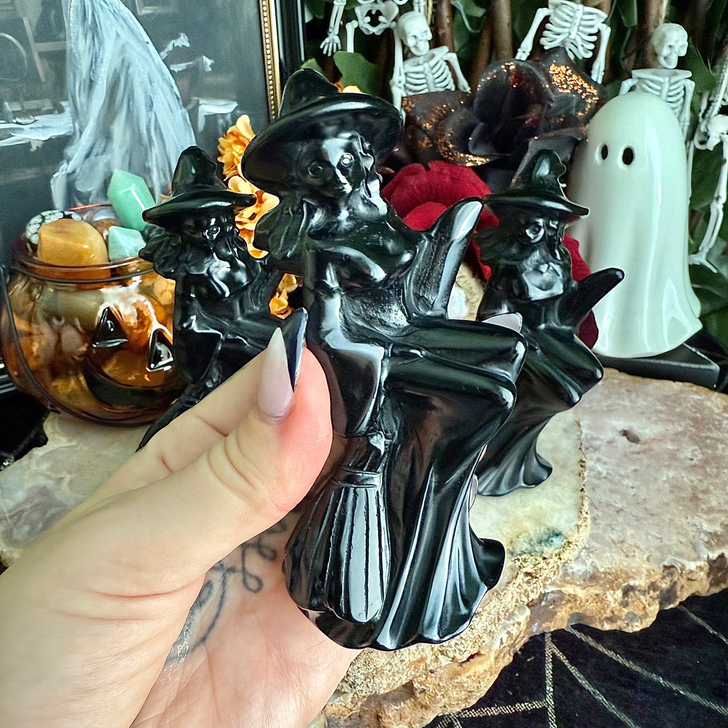 Black Obsidian Carved Flying Witch, Intense Protection, Negativity Crystal