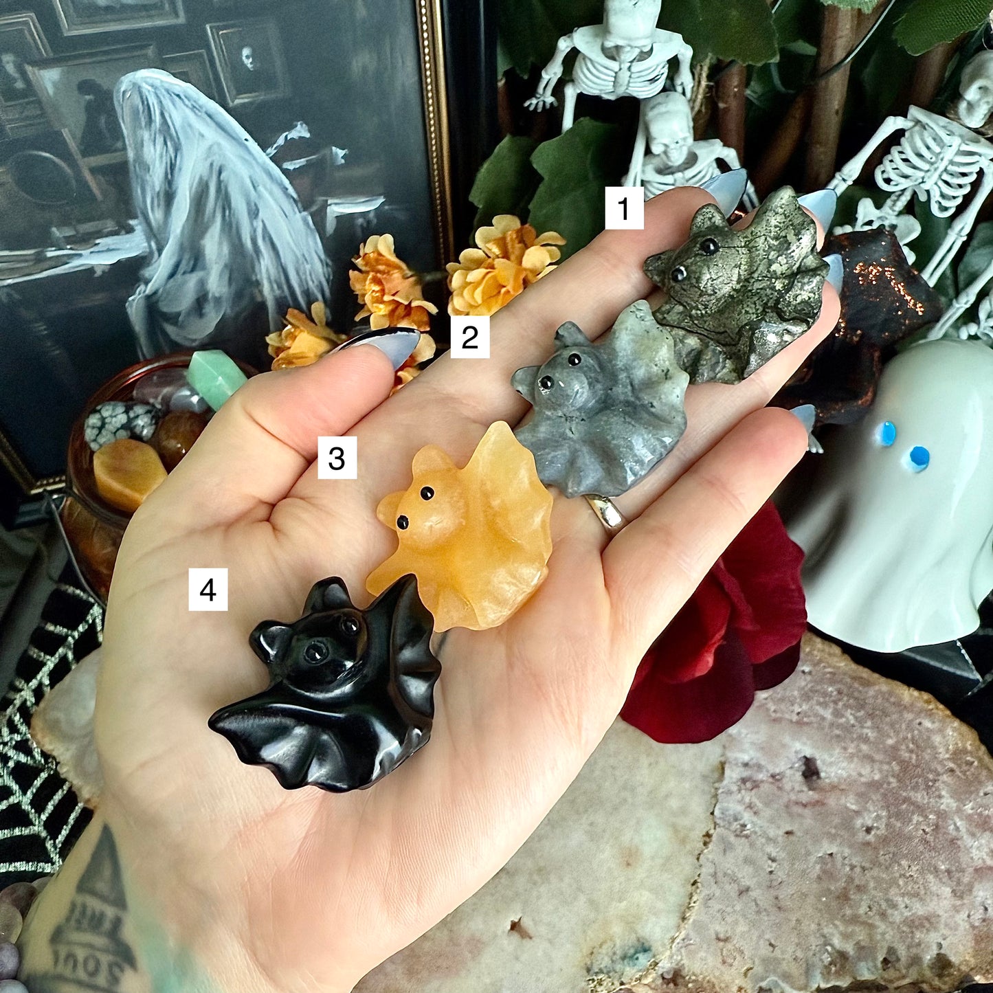 Small Carved Bat, Assorted Crystals, Choose Your Own!