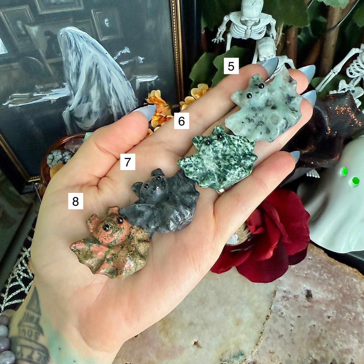 Small Carved Bat, Assorted Crystals, Choose Your Own!