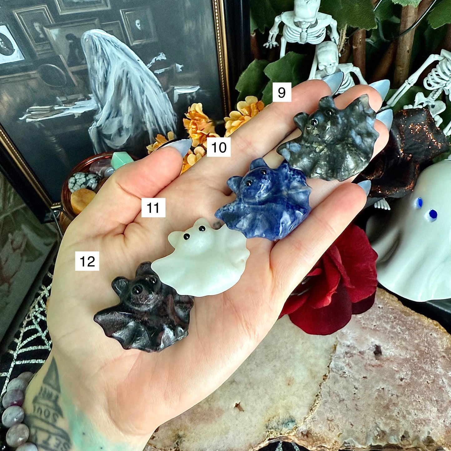 Small Carved Bat, Assorted Crystals, Choose Your Own!