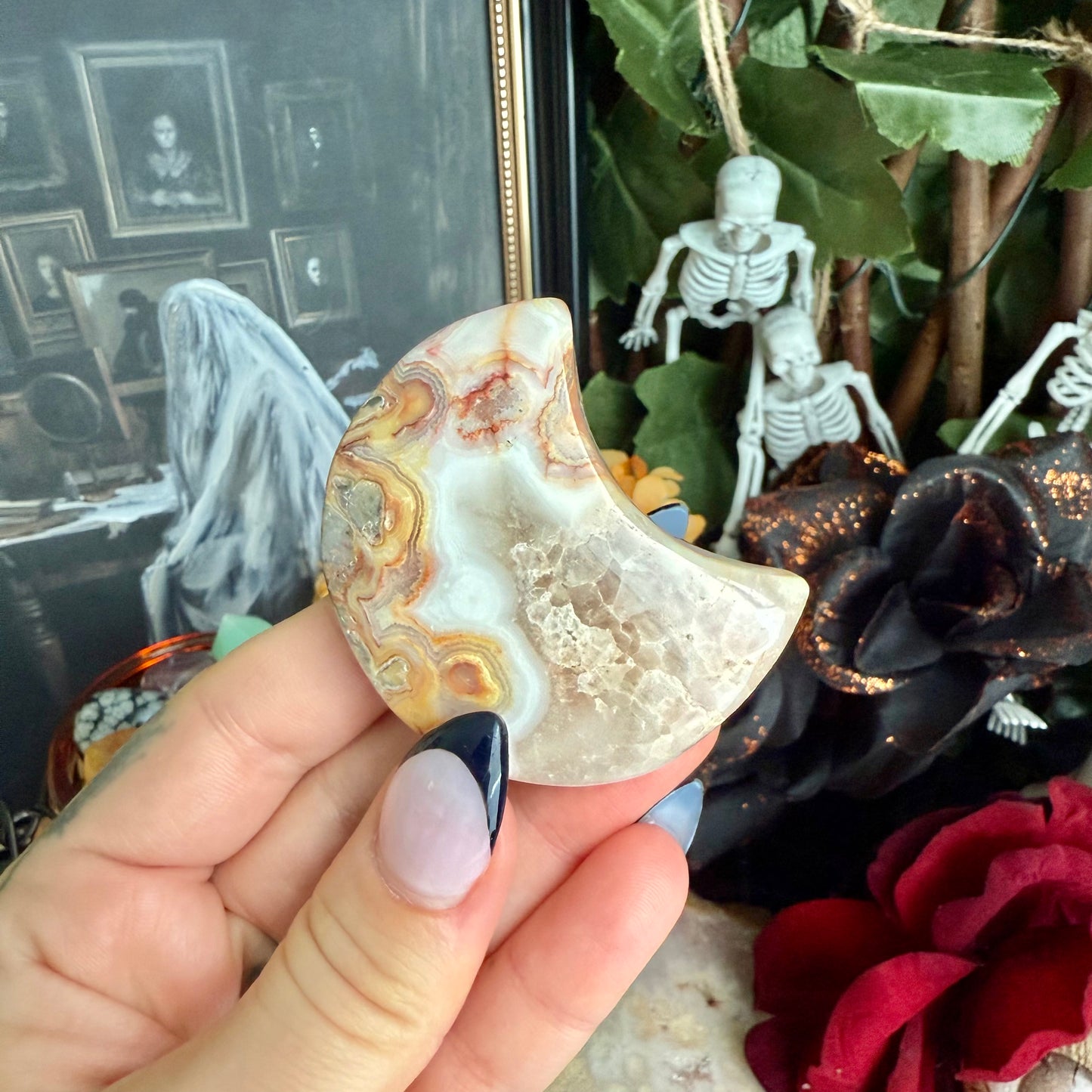 Crazy Lace Agate Crescent Moon, Laughter & Happiness Stone