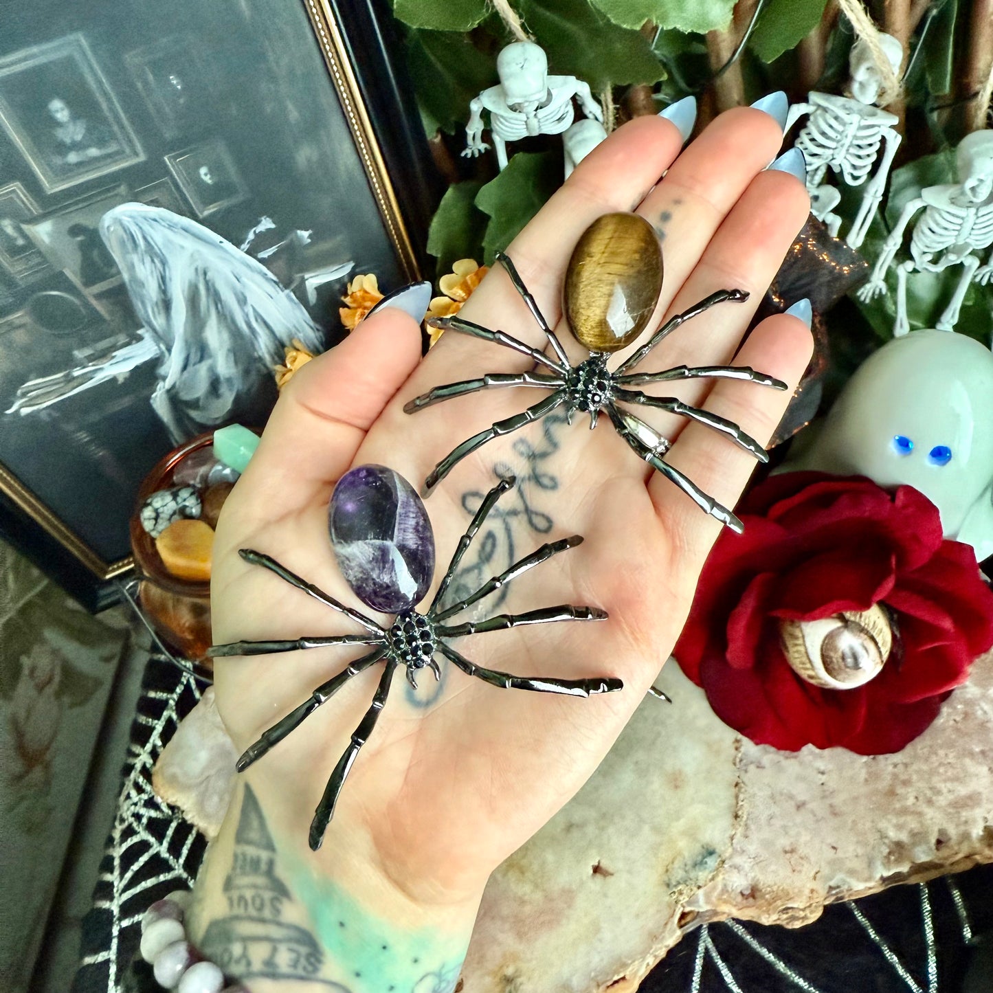 Spider Carved Crystal, Tigers Eye, Dream Amethyst