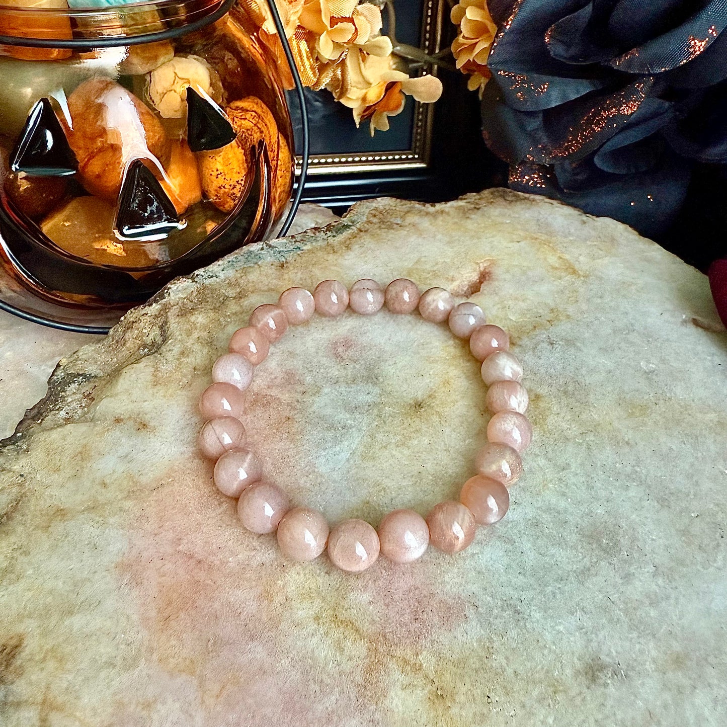 8mm Peach Moonstone Bracelet, Healing & Anxiety, Emotional Balance
