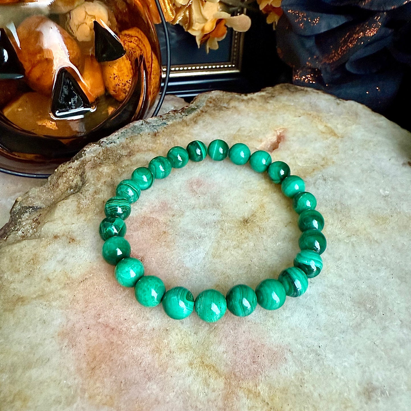 8mm Malachite Bracelet, Rare Powerful Crystal, Protective Stone