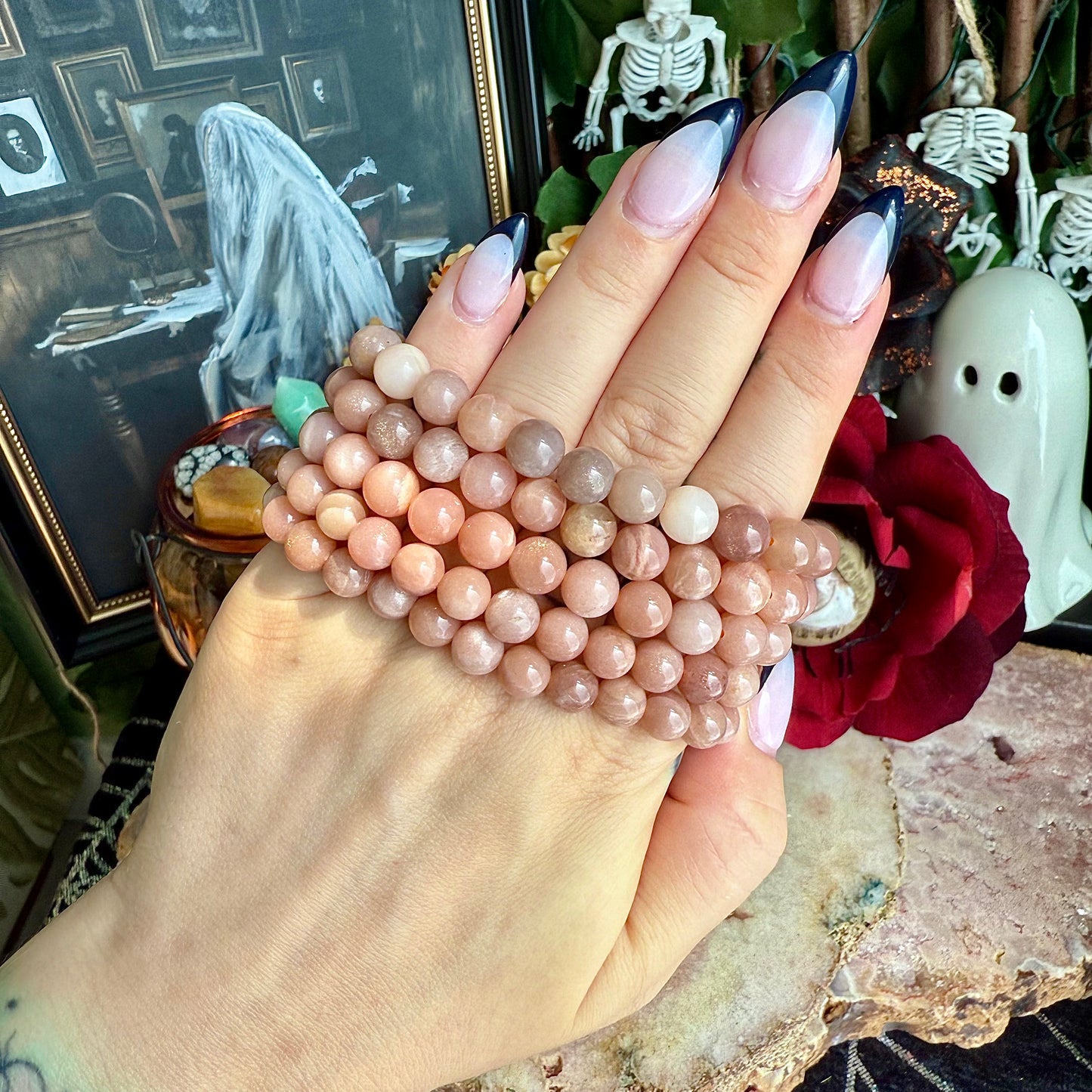 8mm Peach Moonstone Bracelet, Healing & Anxiety, Emotional Balance