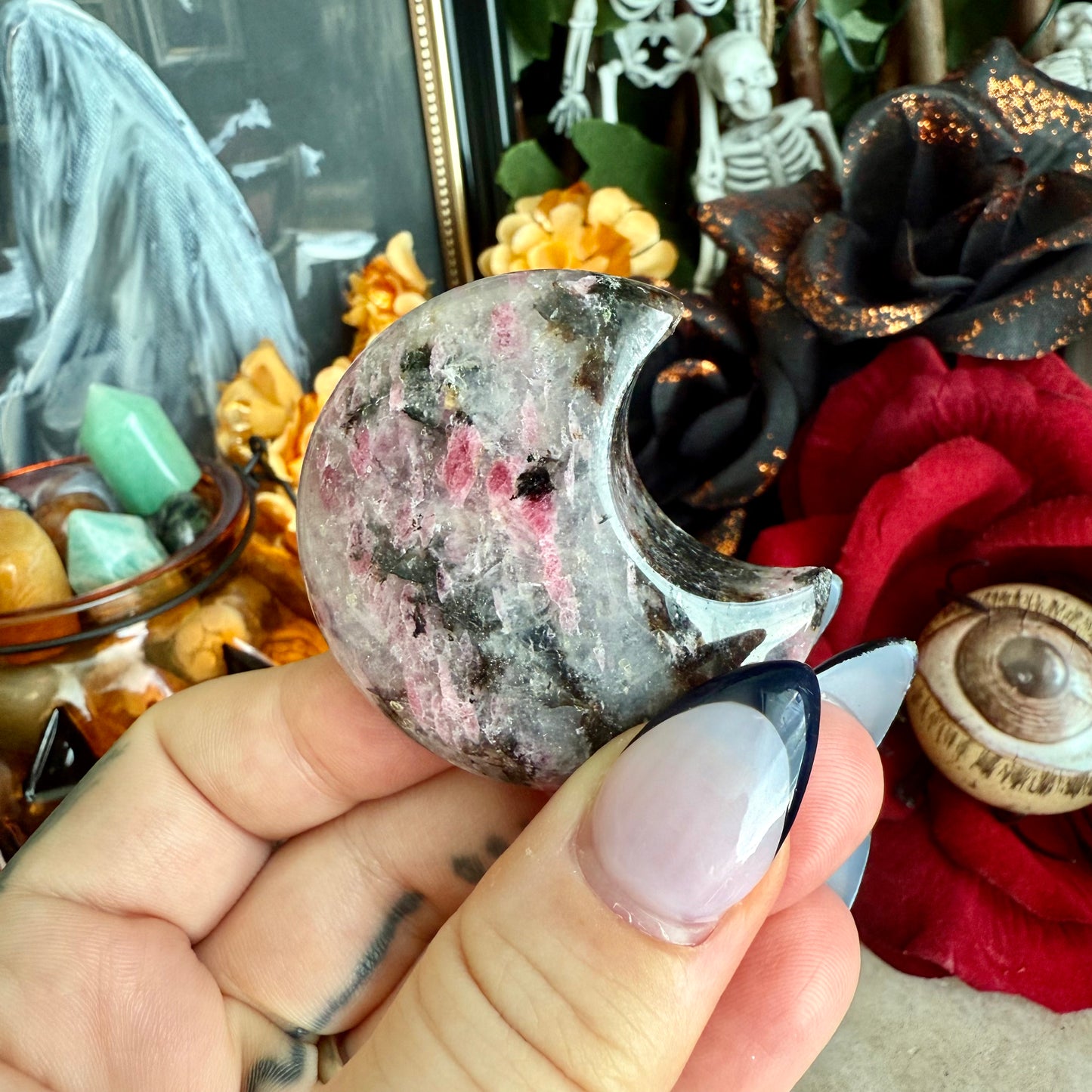 Icy Rhodonite Crescent Moon, Stone Of Compassion, Heart Chakra