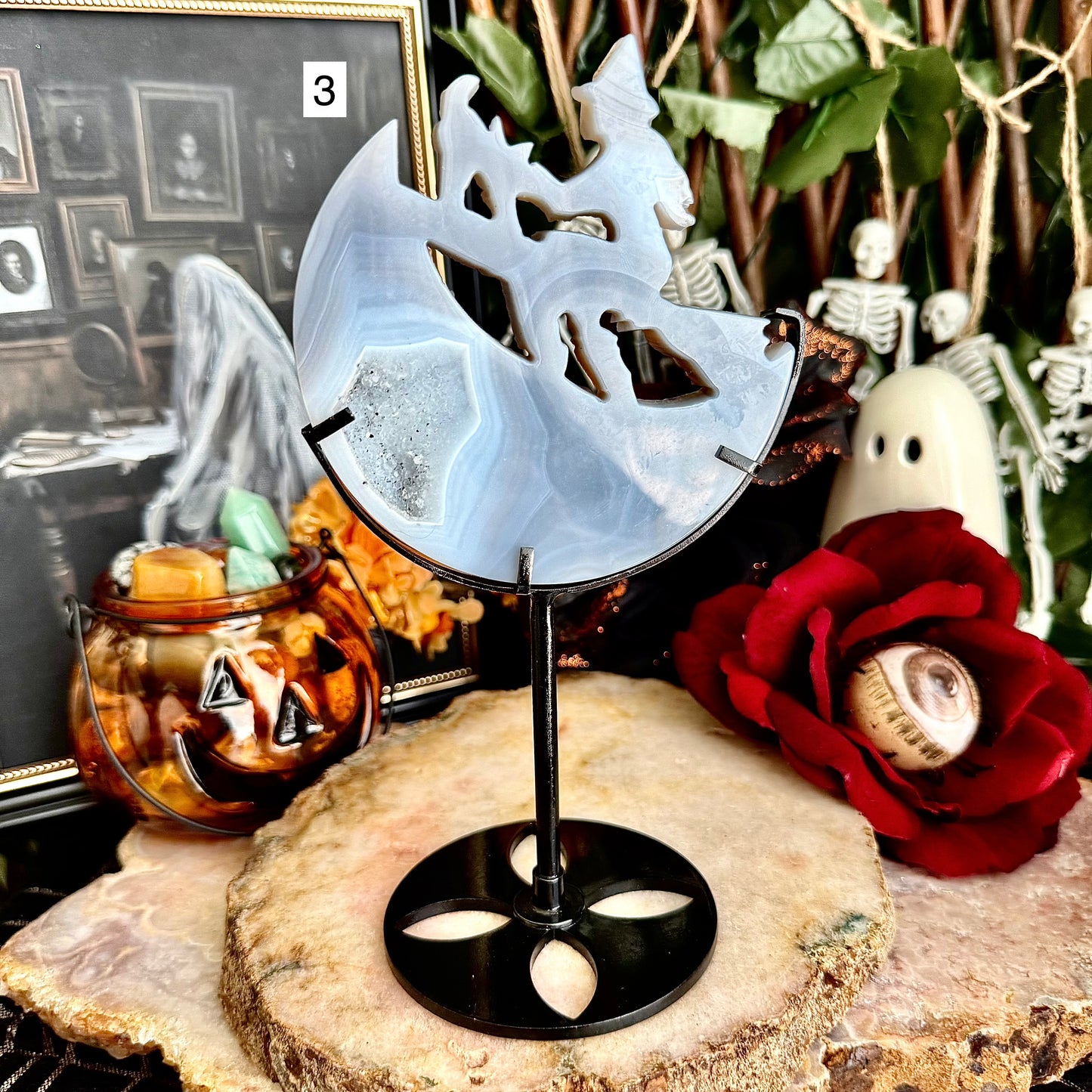 Druzy Blue Agate Carved Witch With Stand, Grounding, Calming & Soothing