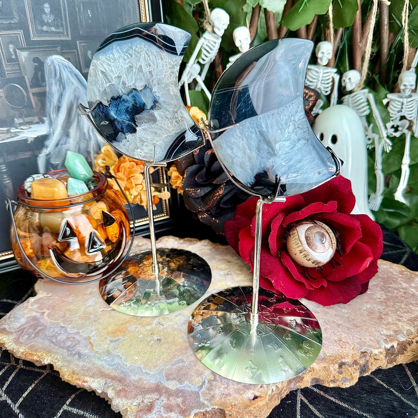 Black Onyx & Quartz Crescent Moon, Protection & Master Healer Crystal