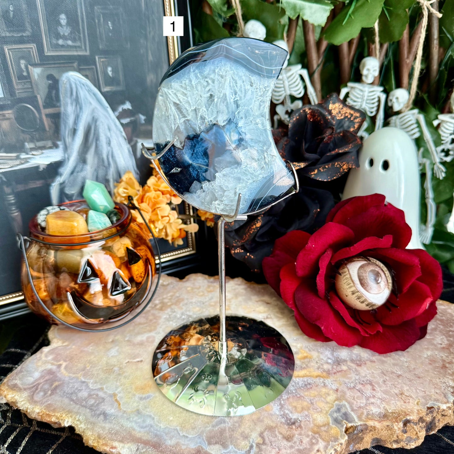 Black Onyx & Quartz Crescent Moon, Protection & Master Healer Crystal