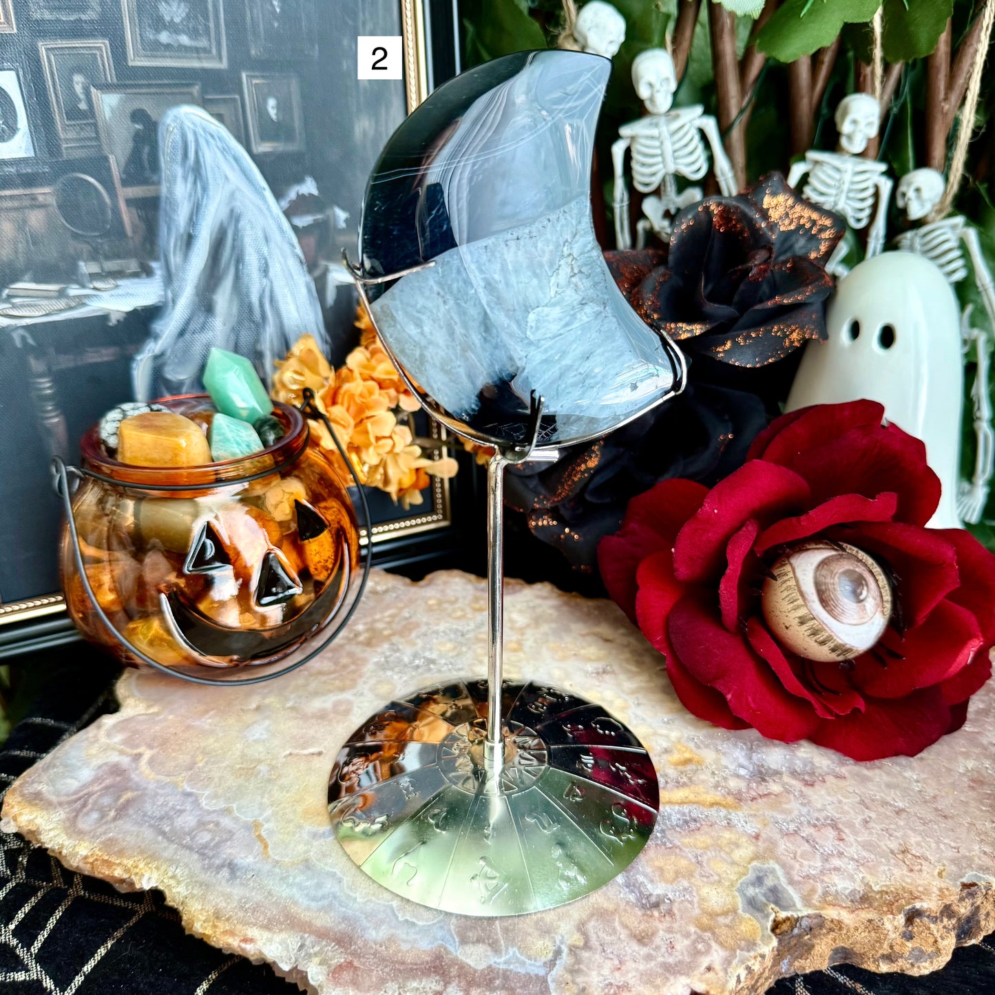Black Onyx & Quartz Crescent Moon, Protection & Master Healer Crystal