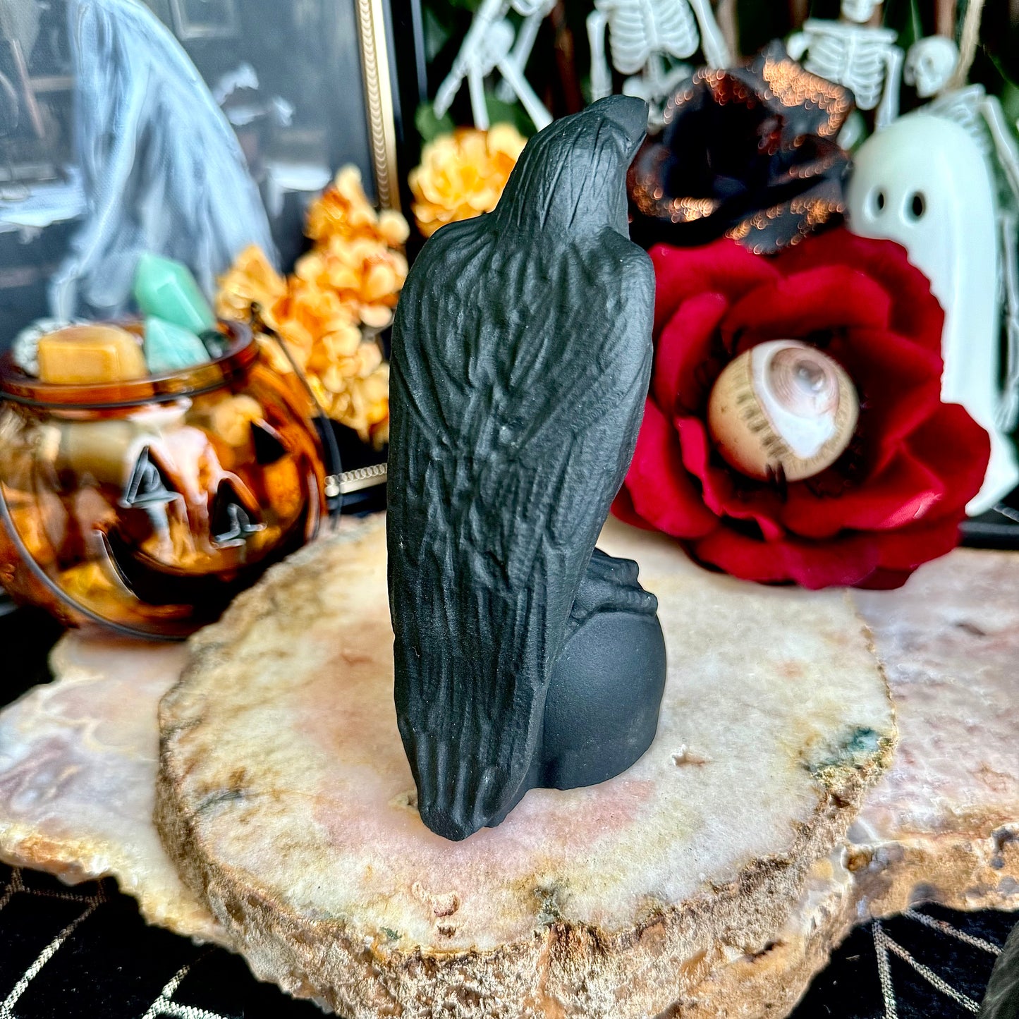 Large Black Obsidian Carved Raven, Powerful Protection, Negativity Crystal