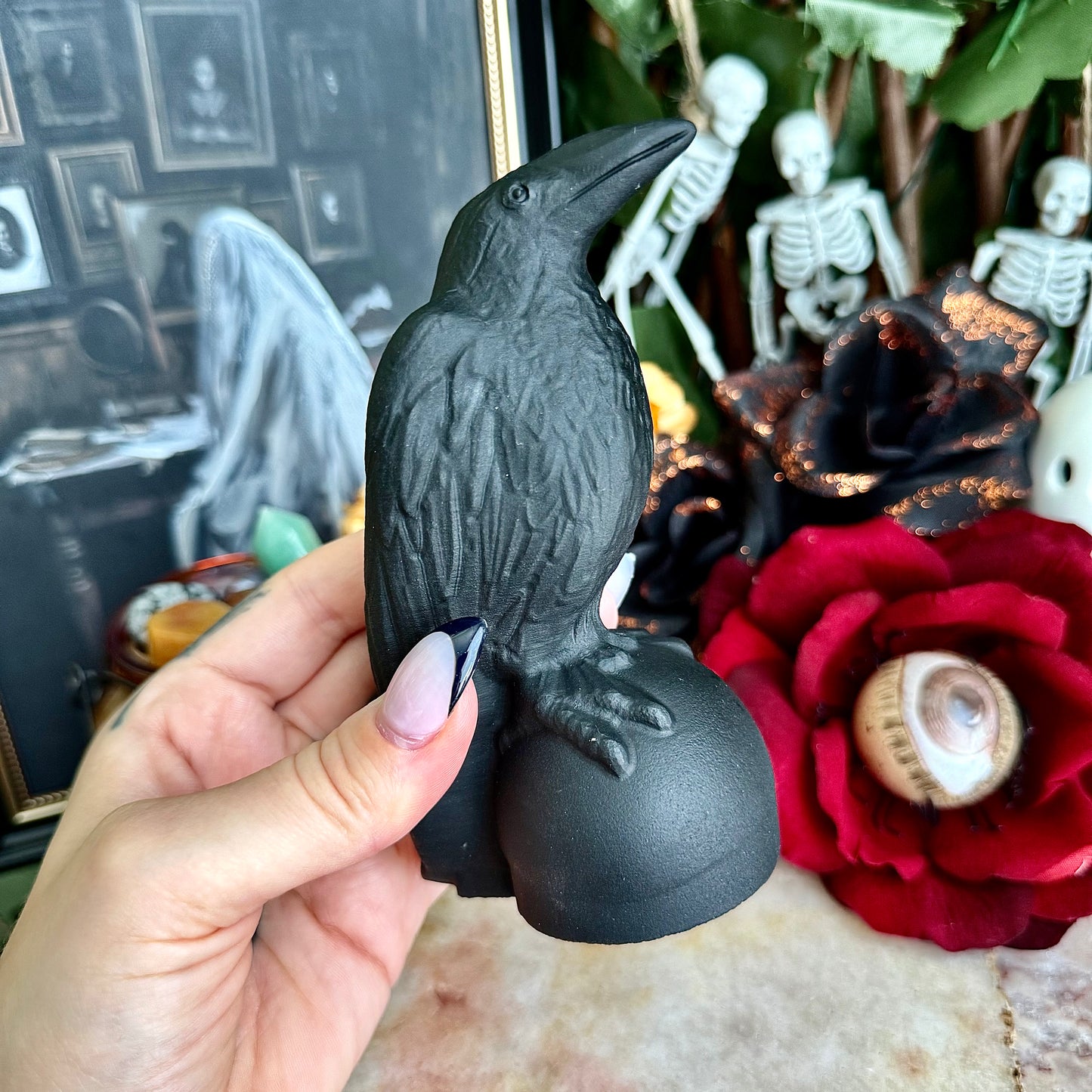 Large Black Obsidian Carved Raven, Powerful Protection, Negativity Crystal
