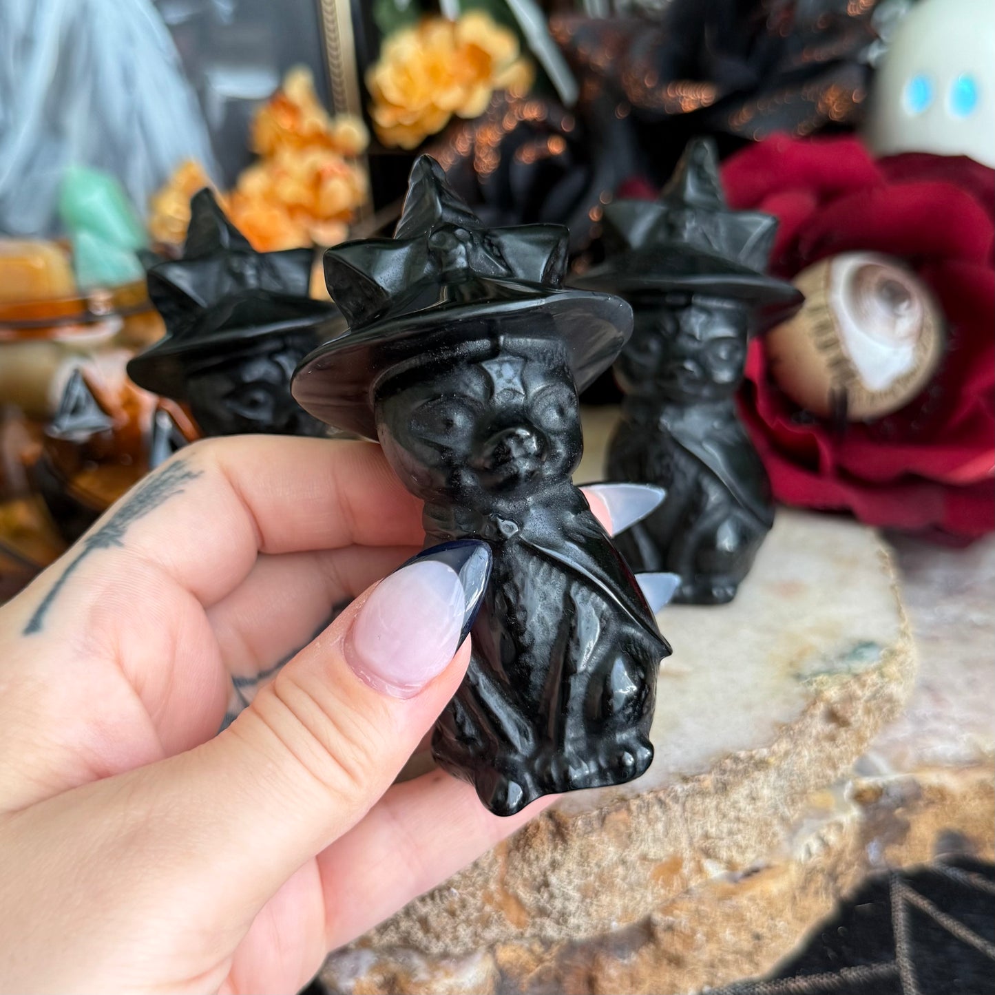Black Obsidian Carved Witch Kitty, Intense Protection, Negativity Crystal