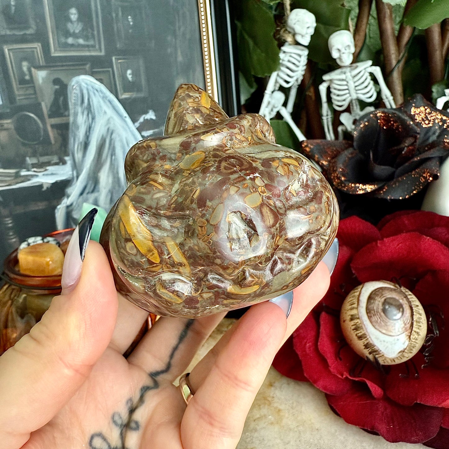 Large Bamboo Jasper Carved Jack-O-Lantern, Grounding, Stability