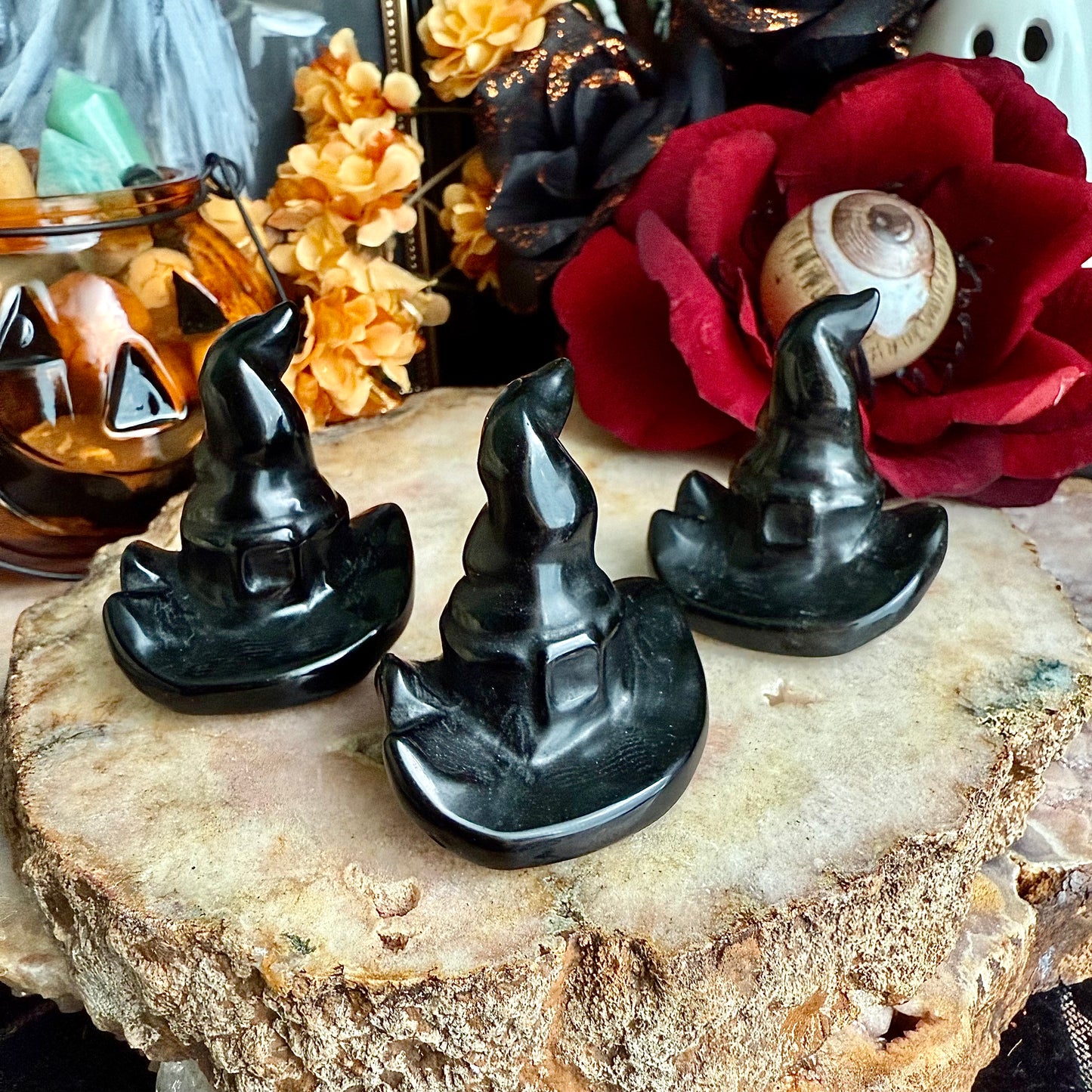 Black Obsidian Carved Witch Hat, Intense Protection, Negativity Crystal