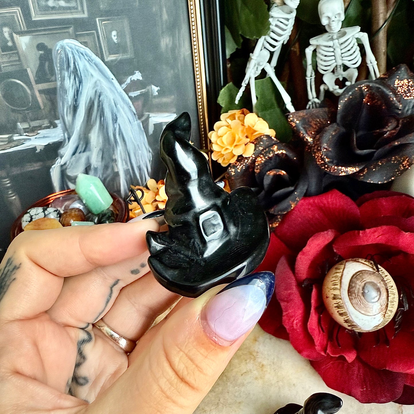 Black Obsidian Carved Witch Hat, Intense Protection, Negativity Crystal