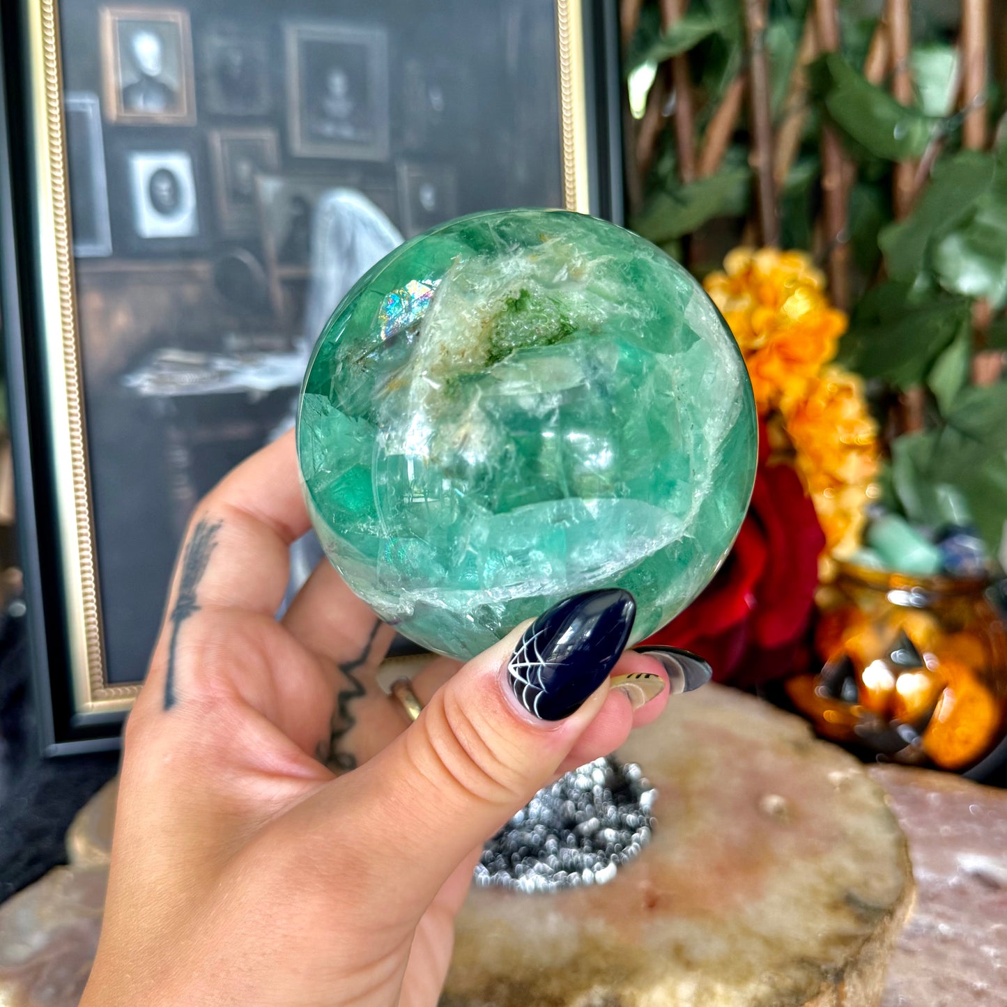 Large Druzy Mint Fluorite Sphere, Detoxing & Negativity Stone