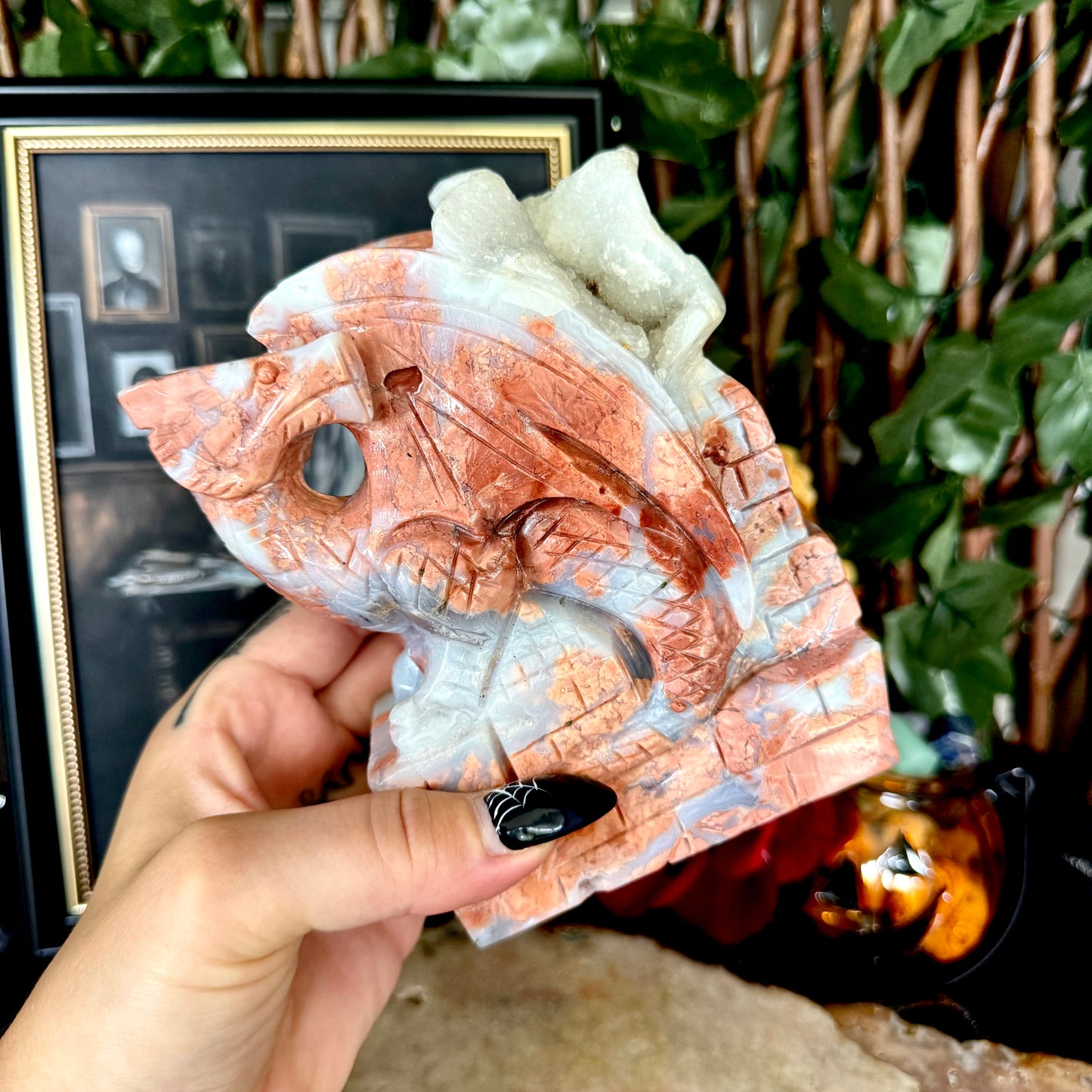 Druzy Pink Agate Carved Dragon, Self-Love, Heart Chakra