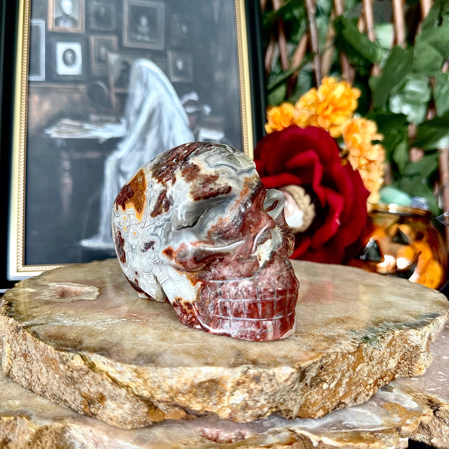 Druzy Mexican Crazy Lace Agate Skull, Laughter & Happiness Stone