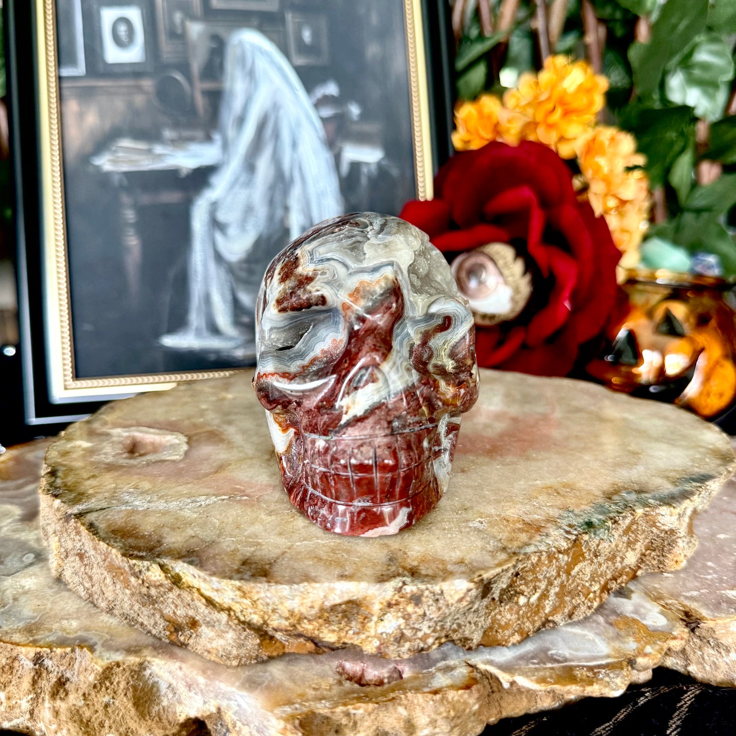 Druzy Mexican Crazy Lace Agate Skull, Laughter & Happiness Stone