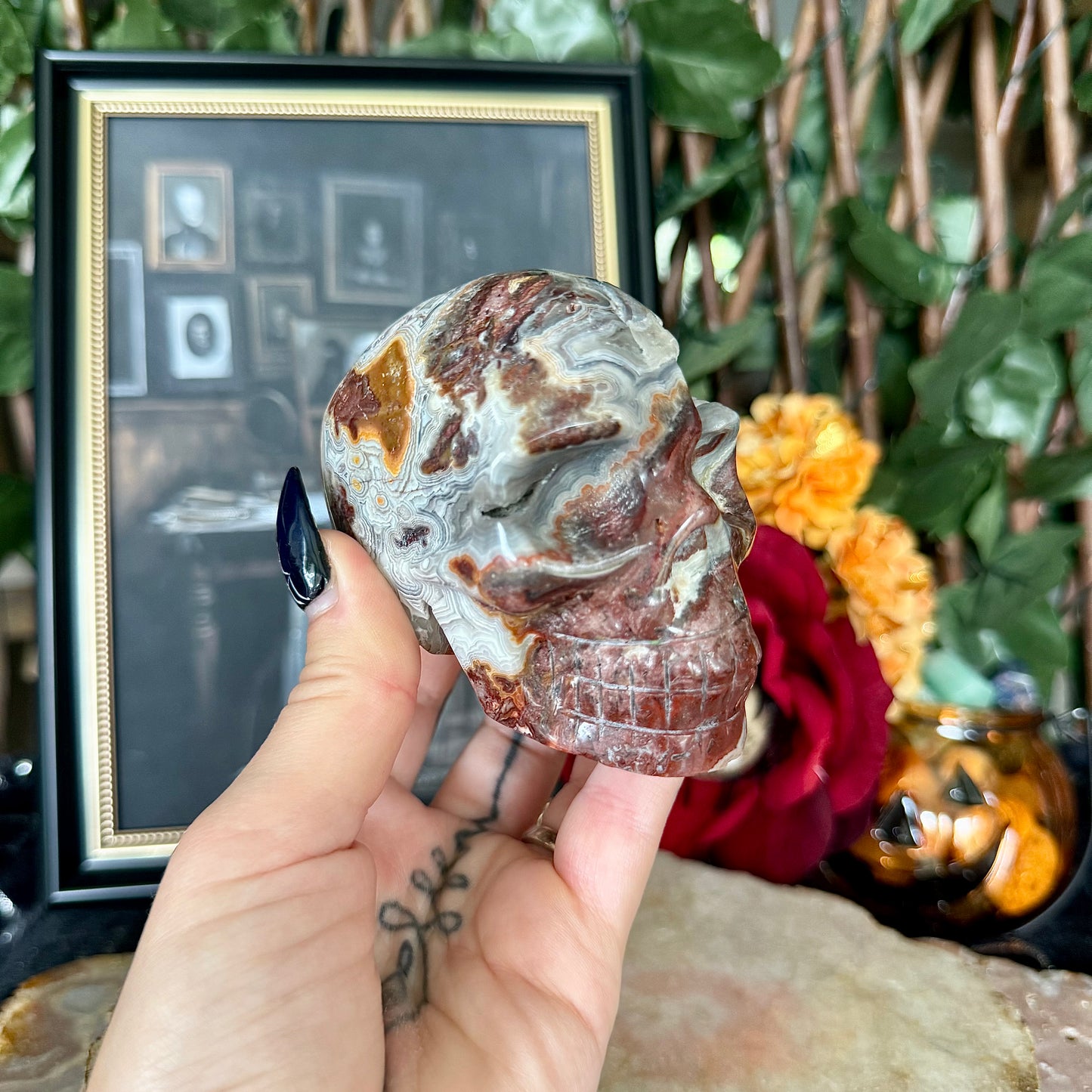 Druzy Mexican Crazy Lace Agate Skull, Laughter & Happiness Stone