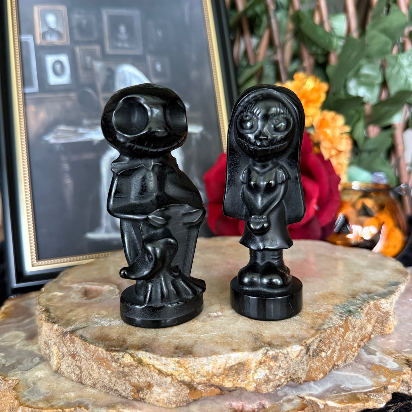 Black Obsidian Carved Jack & Sally, Nightmare Before Christmas, Negativity Crystal