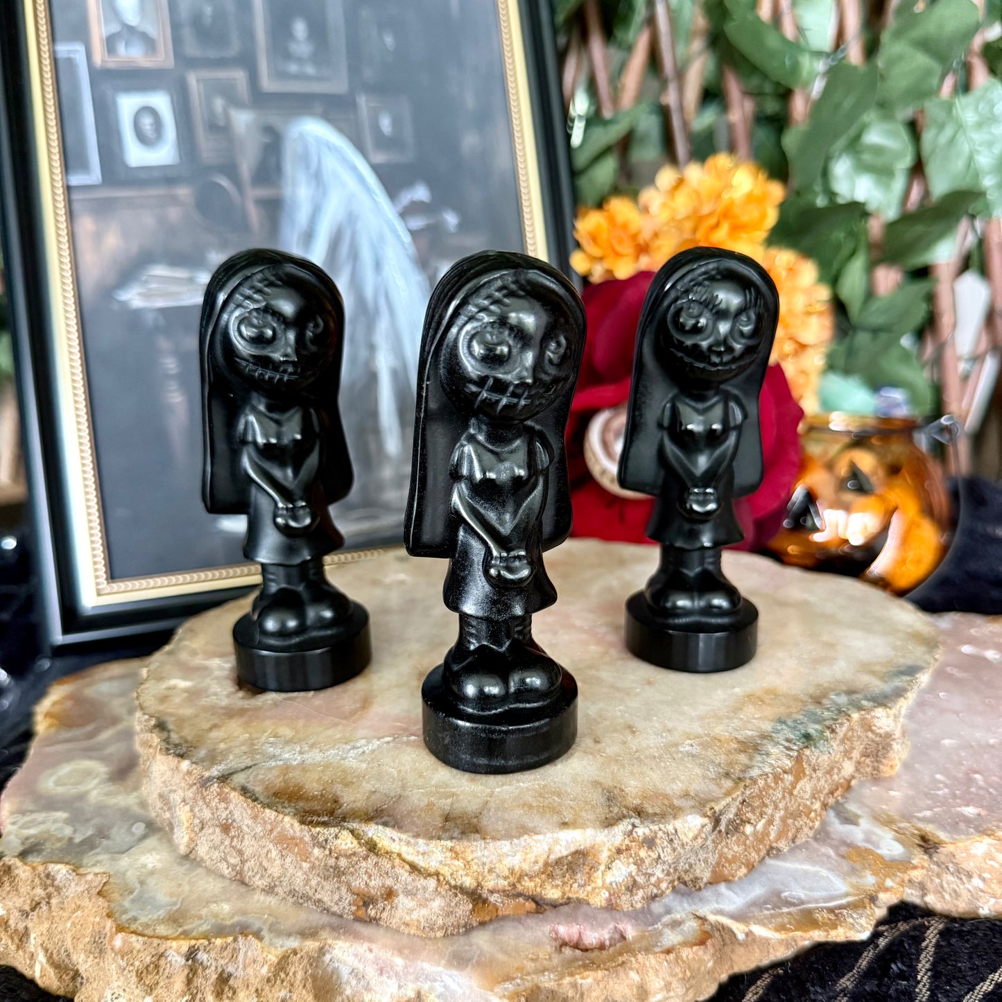 Black Obsidian Carved Jack & Sally, Nightmare Before Christmas, Negativity Crystal