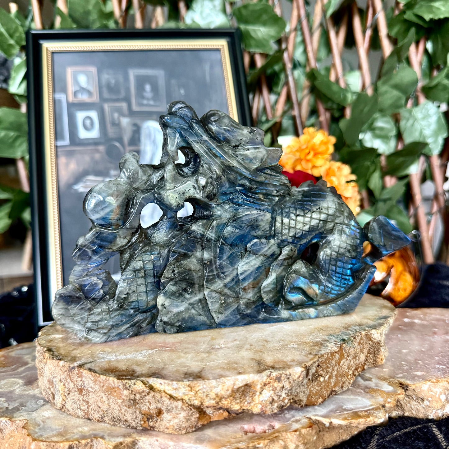High-Flash Labradorite Carved Dragon, Blue Flash, Intuition Crystal