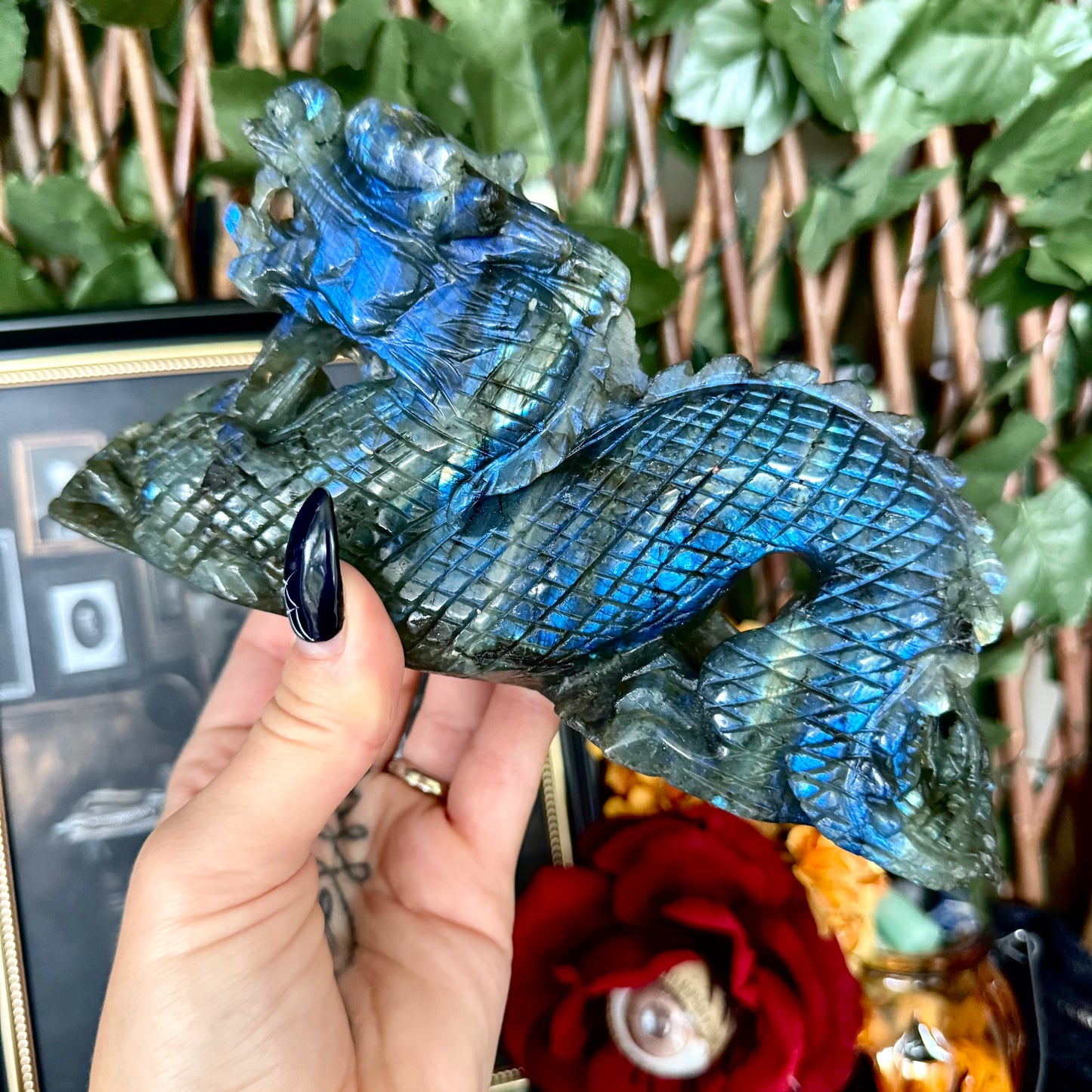 High-Flash Labradorite Carved Dragon, Blue Flash, Intuition Crystal