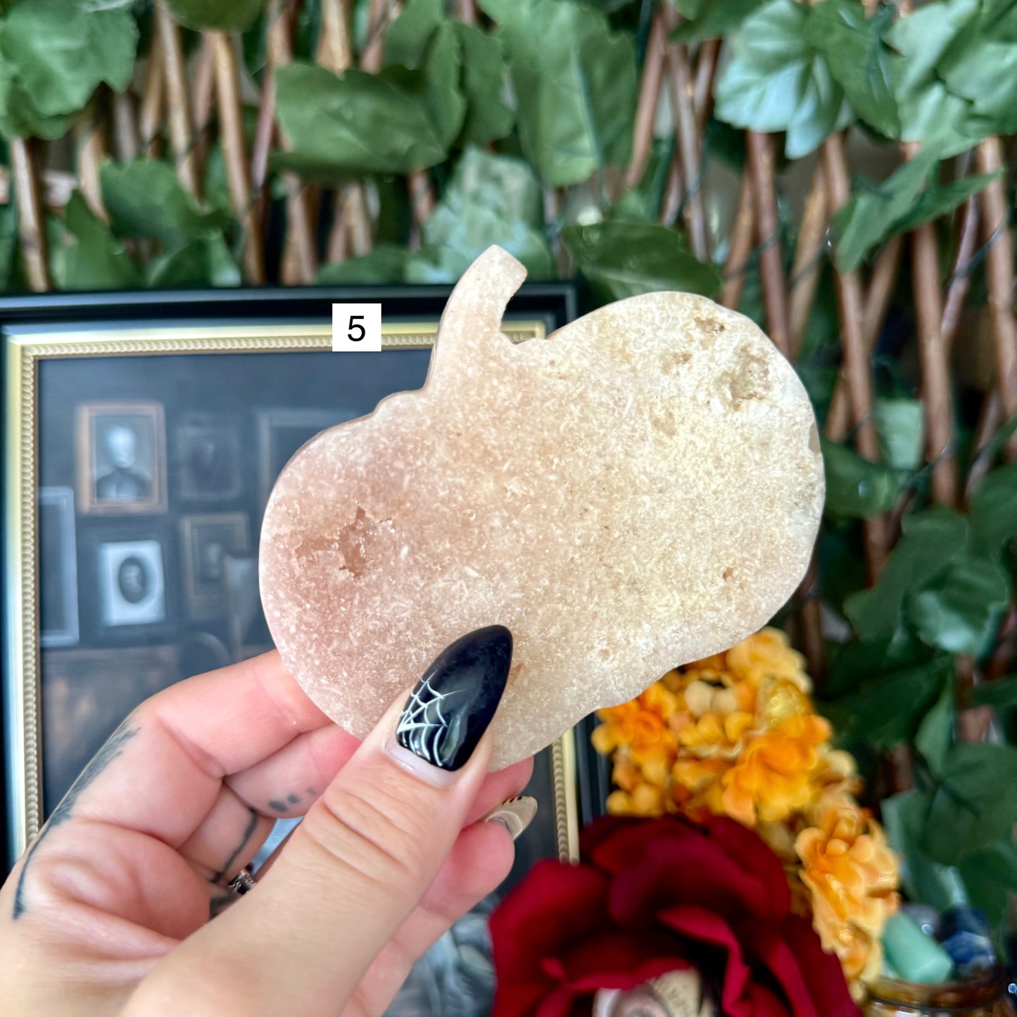 Druzy Pink Amethyst Carved Pumpkin, Heart Chakra, New Beginnings Stone