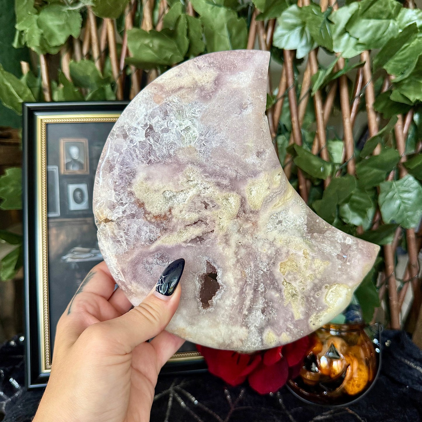 Druzy Pink Amethyst & Flower Agate Crescent Moon, Heart Chakra, New Beginnings Stone