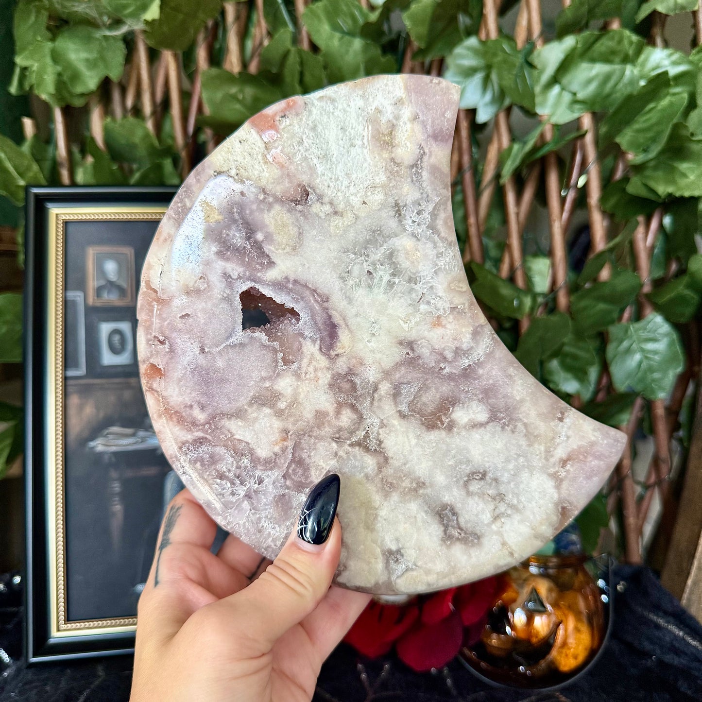Druzy Pink Amethyst & Flower Agate Crescent Moon, Heart Chakra, New Beginnings Stone