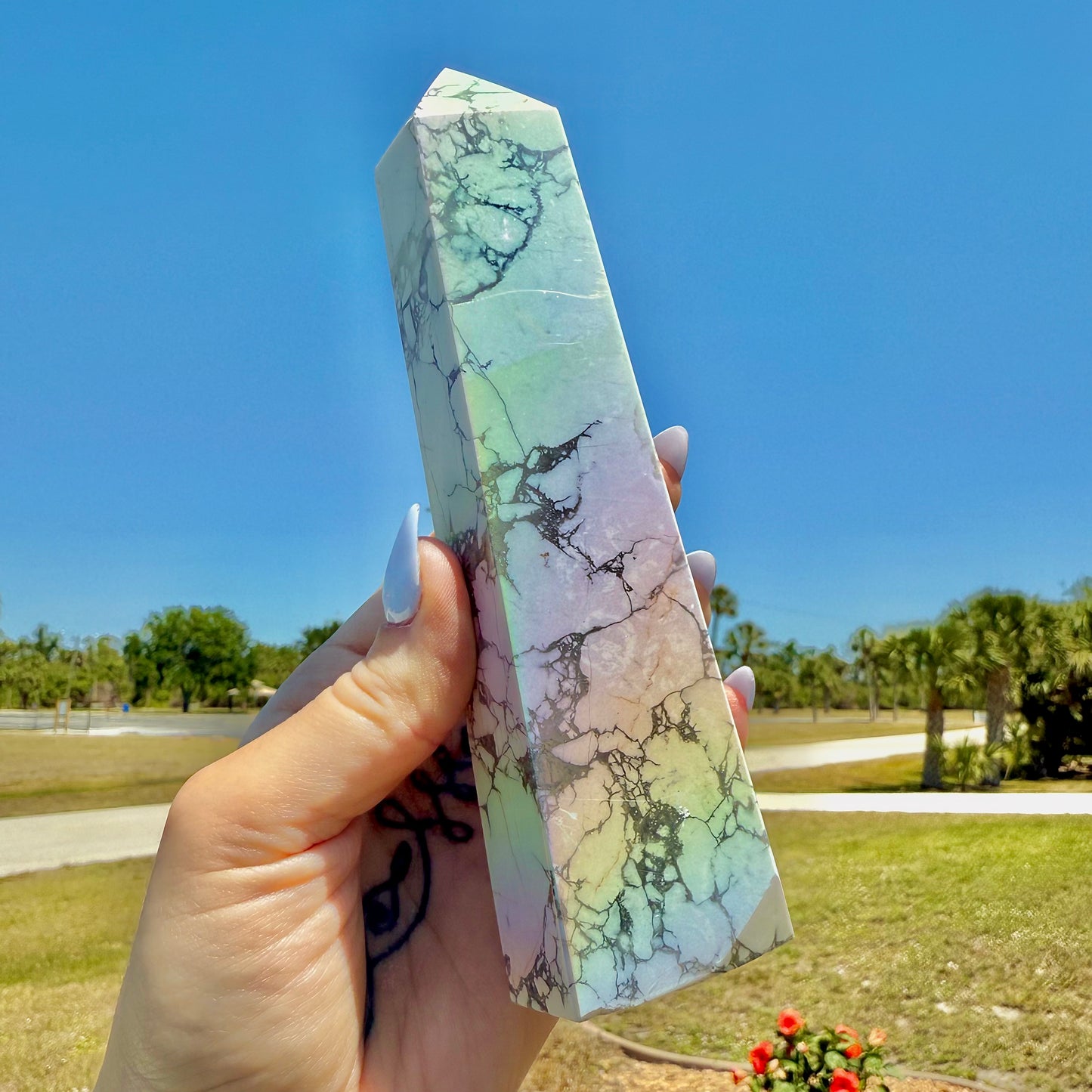 XL Rainbow Aura Howlite Tower, High Vibrating, Stress Relief