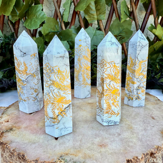 Howlite Etched Dragon Tower, Calming, Stress Relief Stone