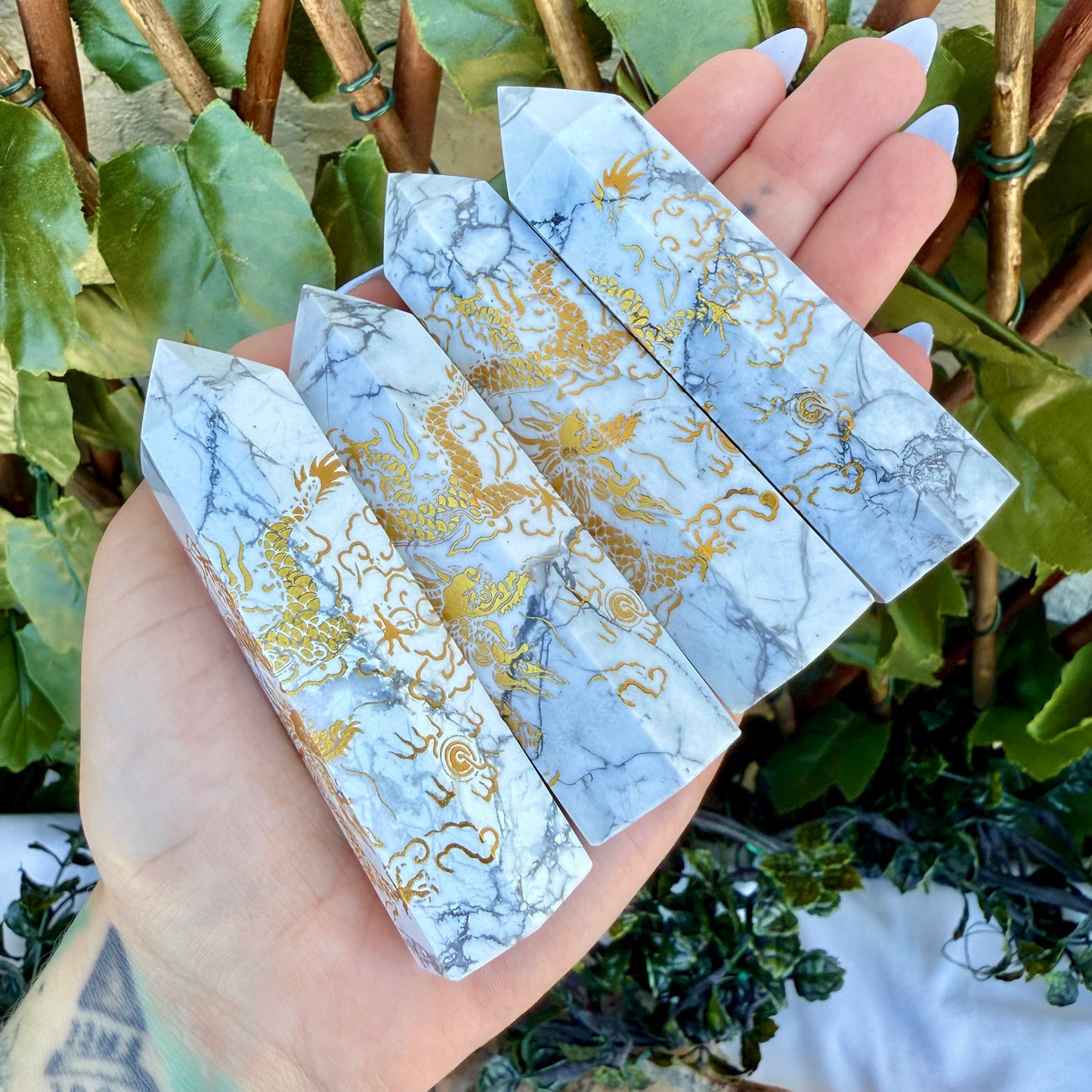Howlite Etched Dragon Tower, Calming, Stress Relief Stone